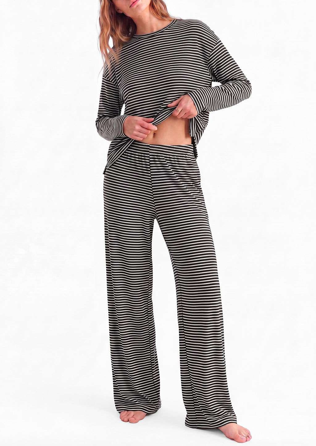 PRETTYGARDEN Womens Striped Lounge Set Fall Winter 2 Piece Sets Side Slit Long Sleeve T-Shirts & Wide Leg Pants, Matching Pajama Sets, Comfy Pj Set, Loungewear with Pockets, Fashion Clothes