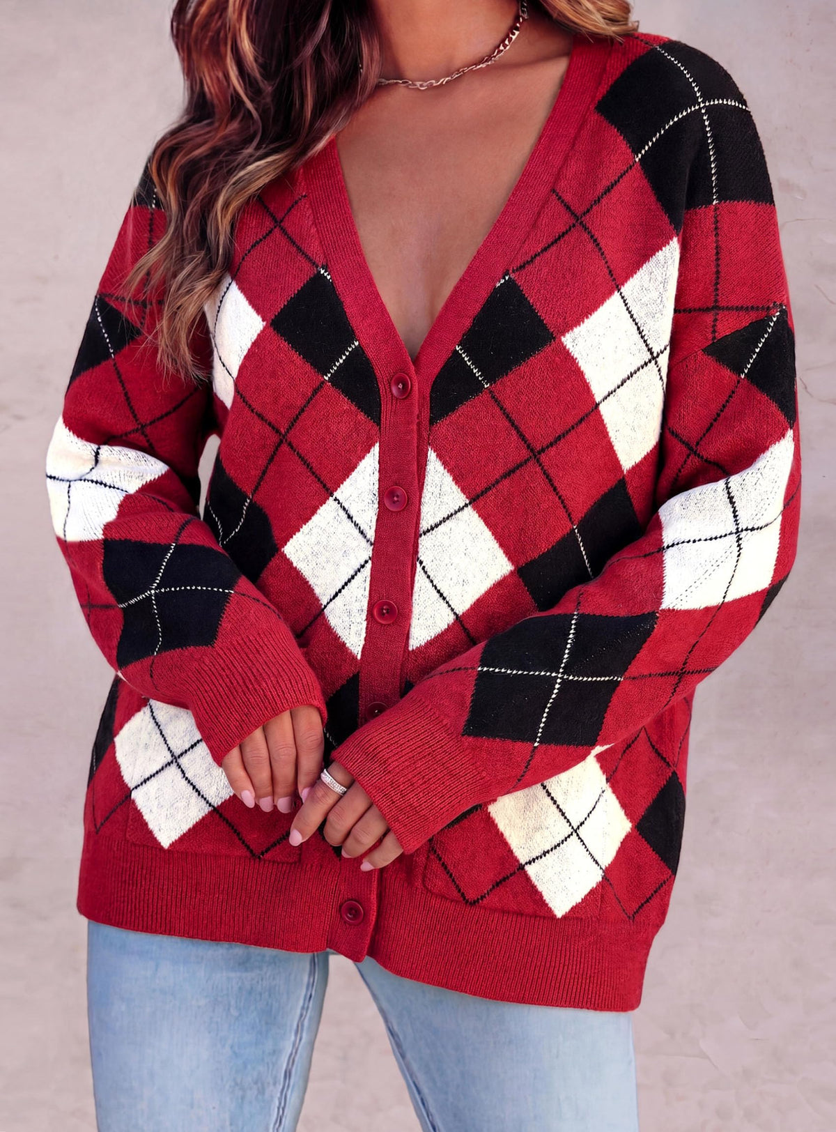 PRETTYGARDEN Women's Cardigan Argyle Winter Sweaters Cozy Warm Chunky Knit, Long Sleeve V Neck, Color Block Plaid, Button Up Pocket,Trendy Fall Jackets, Holiday Going Out Outfits