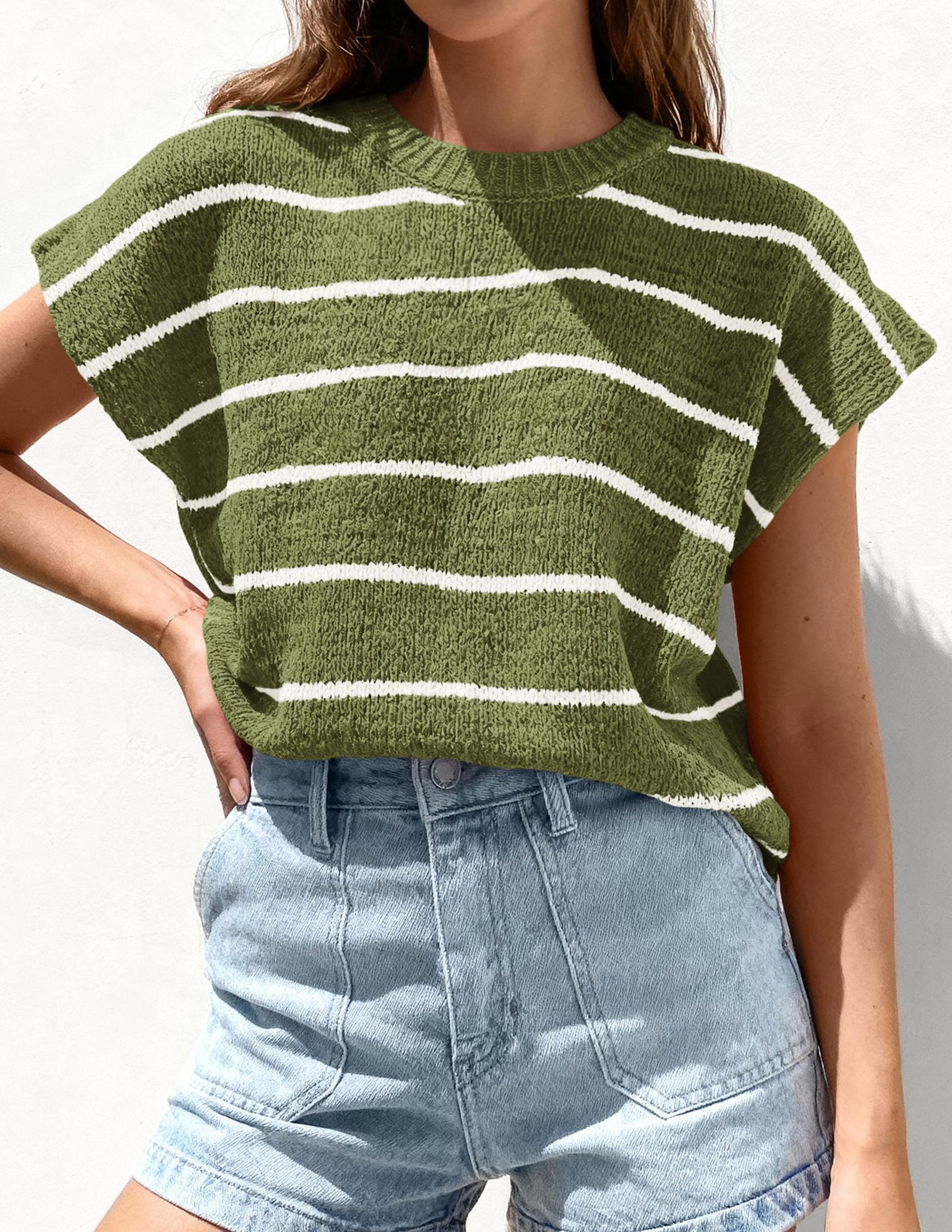 PRETTYGARDEN Womens Summer Short Sleeve Tops Trendy Crew Neck Striped Knit Sweater Business Casual Spring Clothes
