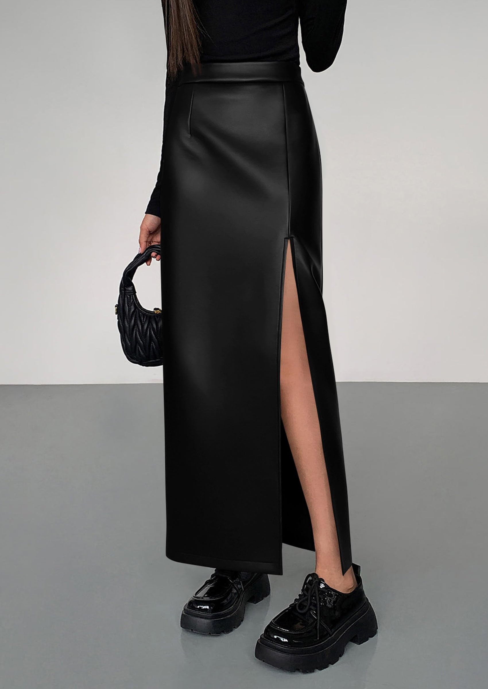 PRETTYGARDEN Womens Faux Leather Skirts Fall Fashion Bodycon High Waisted Slit Work Office Winter Maxi Long Pencil Skirt