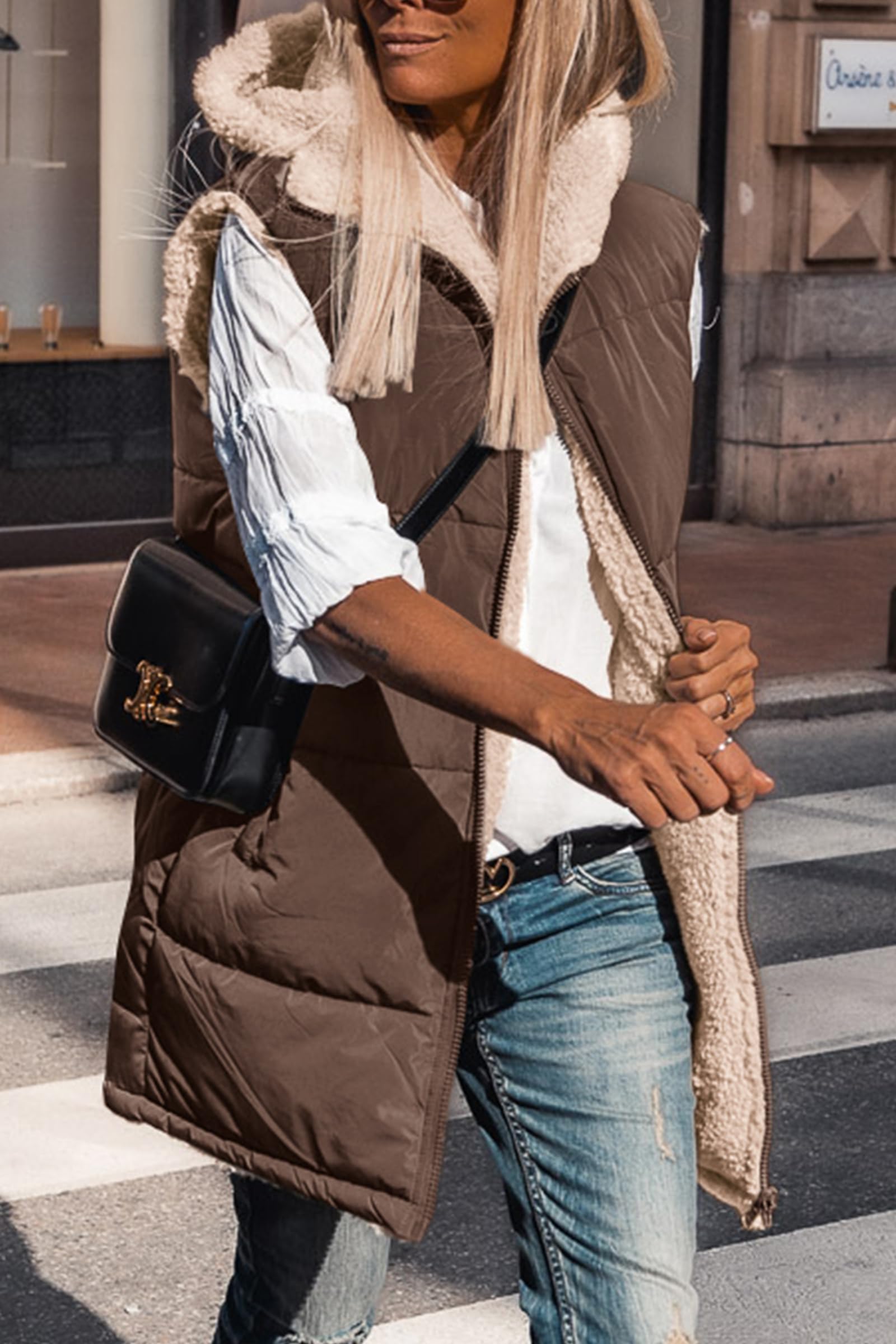PRETTYGARDEN Womens Fall Reversible Long Vests Sleeveless Fleece Jacket Zip Up Hoodie Pockets Warm Coat Winter Clothing