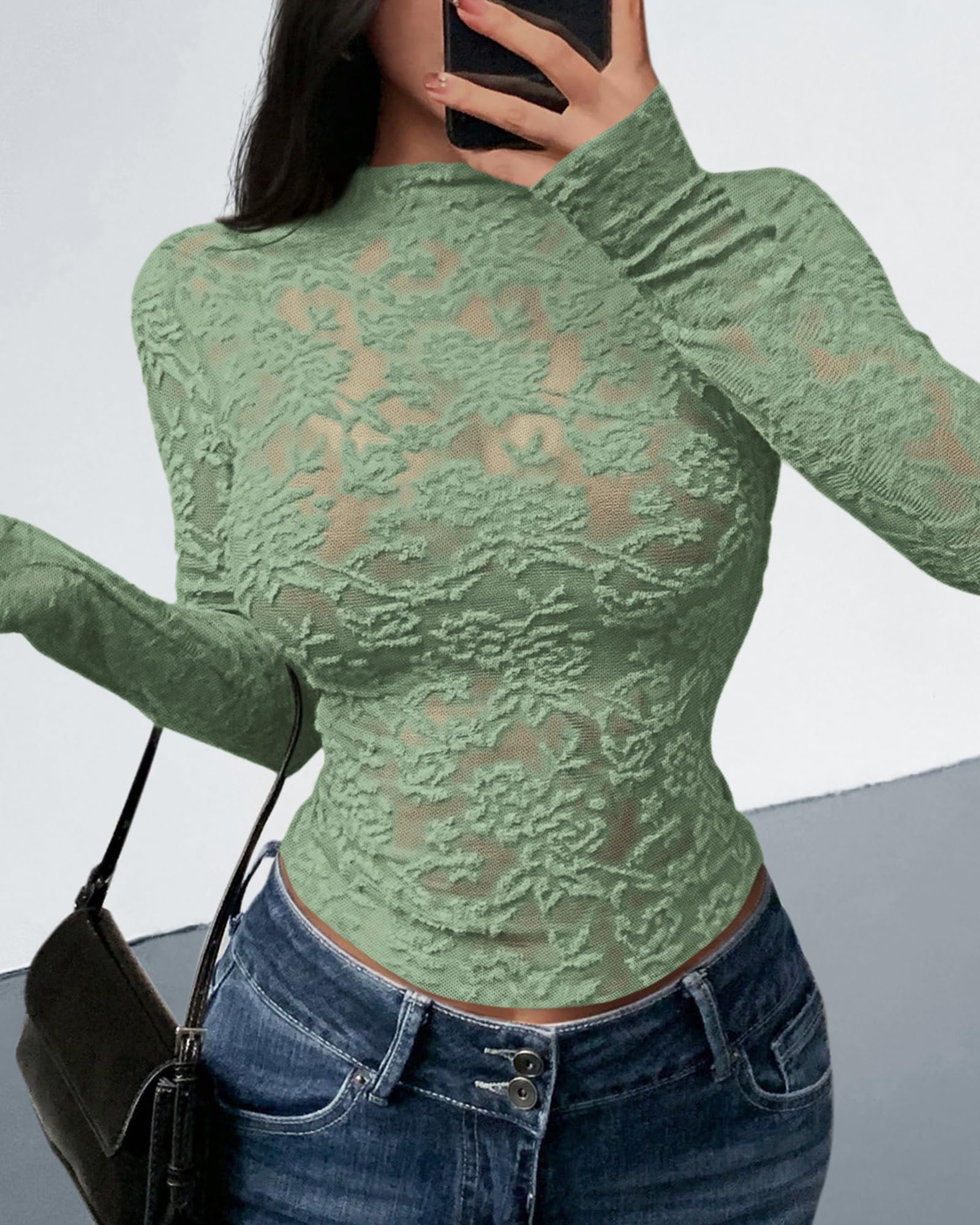 FreshPretty Mesh Long Sleeve Tops for Women Lace Sexy Sheer Tight See Through Crew Neck Spring Fall Party Club Outfits