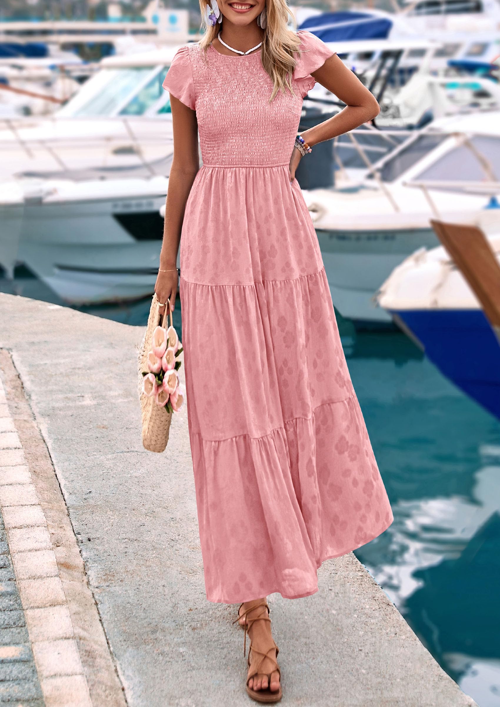 PRETTYGARDEN Wedding Guest Dresses for Women Summer Floral Cap Sleeve Smocked A Line Long Elegant Party Boho Dress