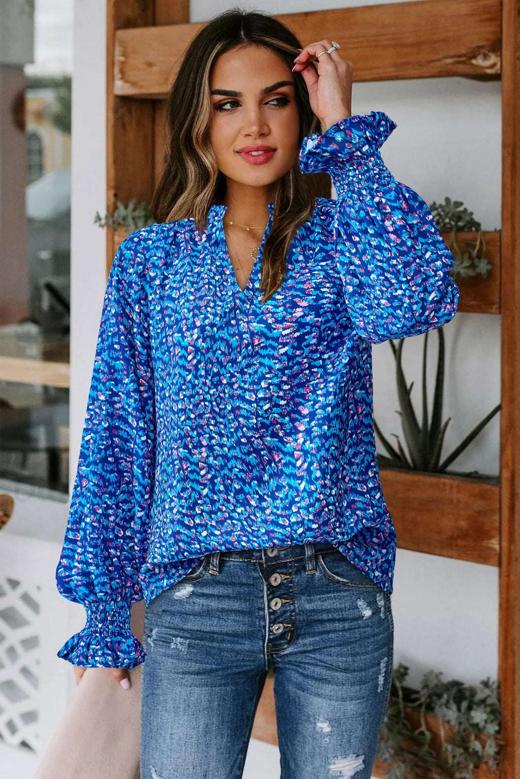 FreshPretty Womens V Neck Floral Long Sleeve Tops Summer Casual Loose Puff Sleeve Chiffon Boho Work Blouse Dressy T Shirts