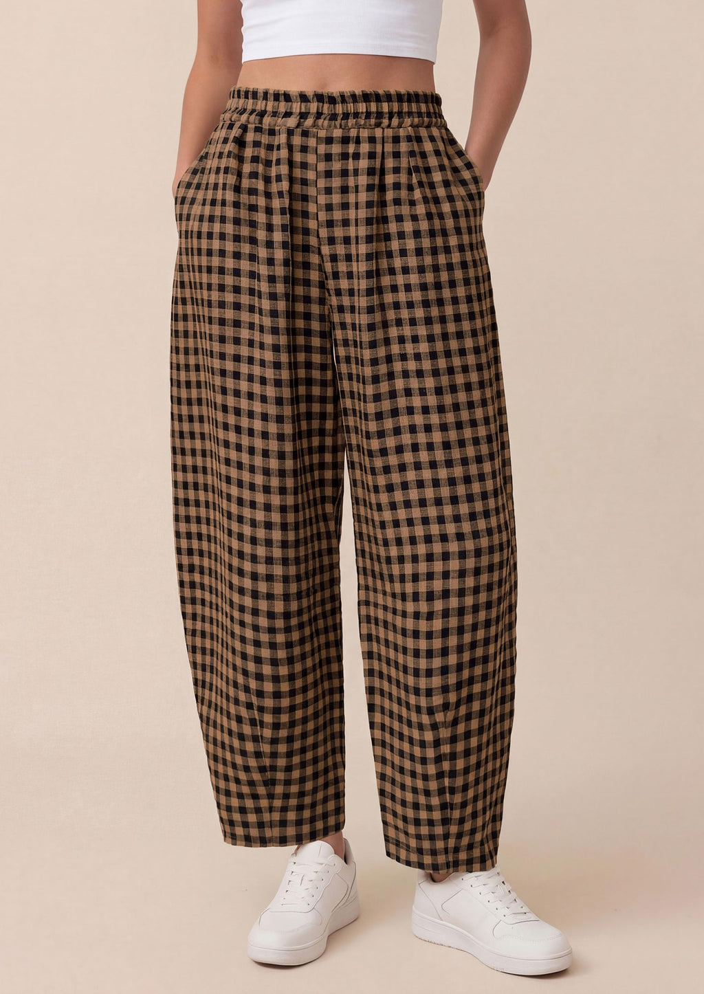 PRETTYGARDEN Plaid Barrel Pants Women Summer Casual Loose Wide Leg Lounge Gingham Trousers Spring Fashion Beach Bottoms