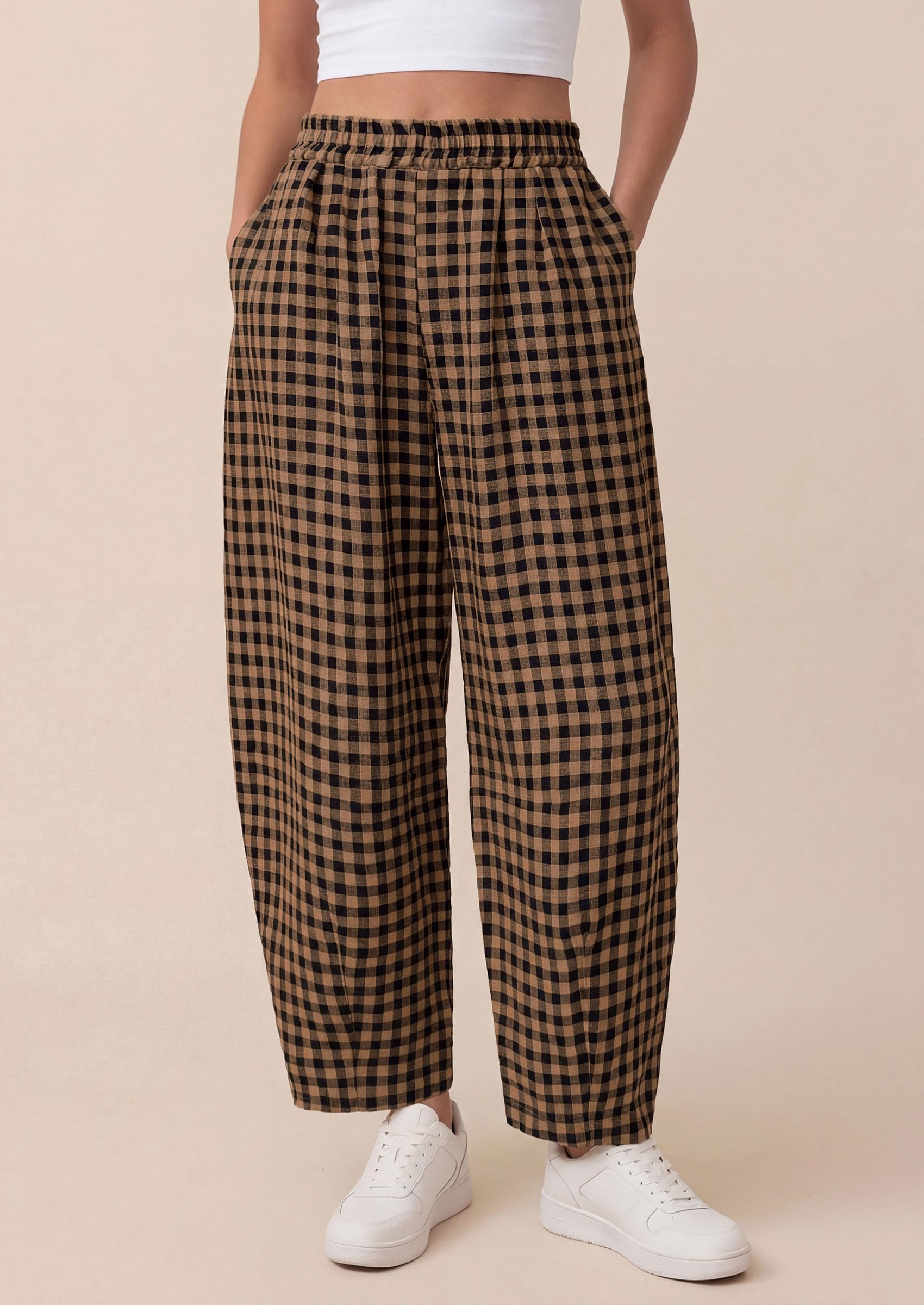 PRETTYGARDEN Plaid Barrel Pants Women Summer Casual Loose Wide Leg Lounge Gingham Trousers Spring Fashion Beach Bottoms