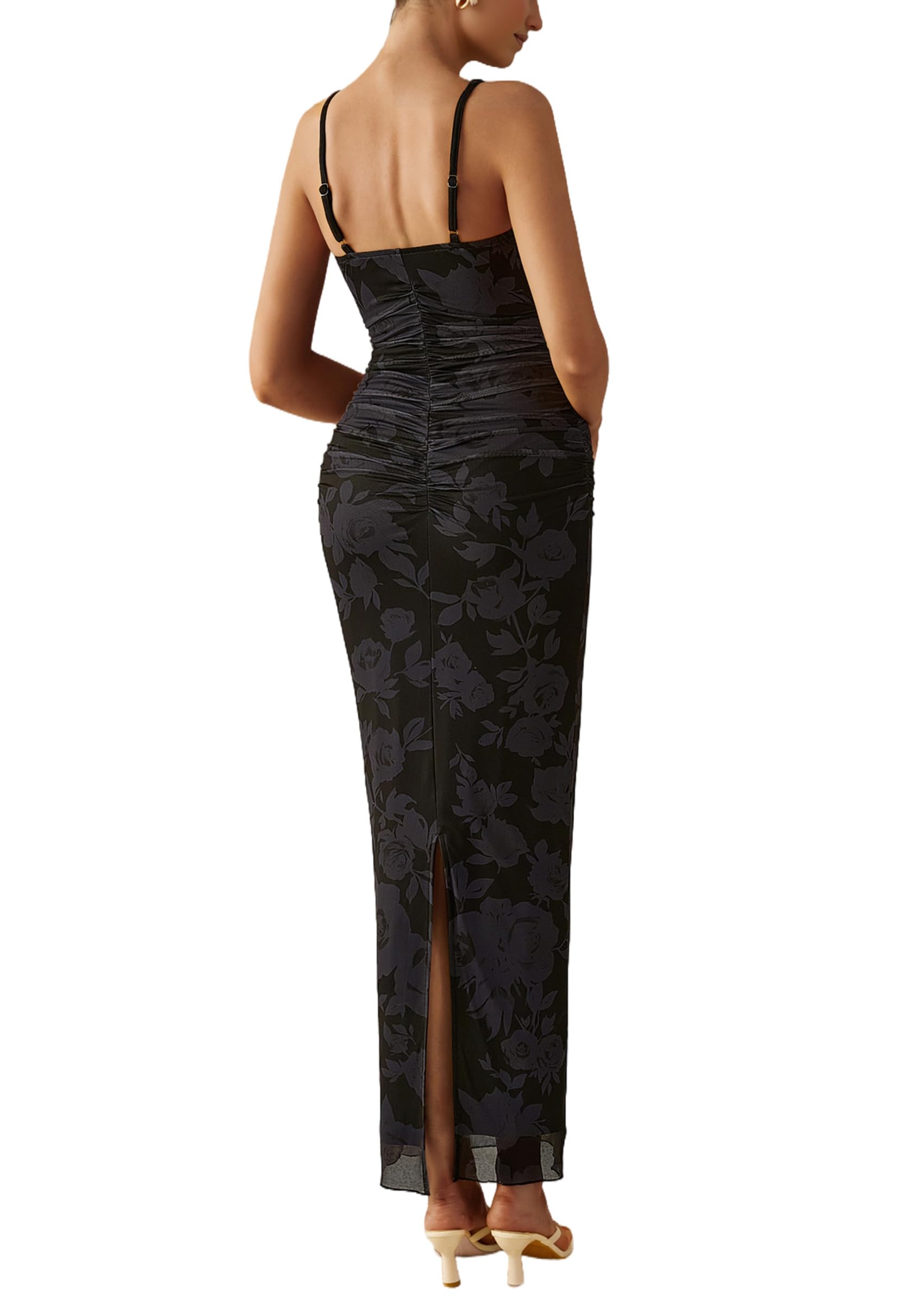PRETTYGARDEN Summer Wedding Guest Dresses for Women Spaghetti Strap Mesh Bodycon Beach Vacation Floral Maxi Long Dresses