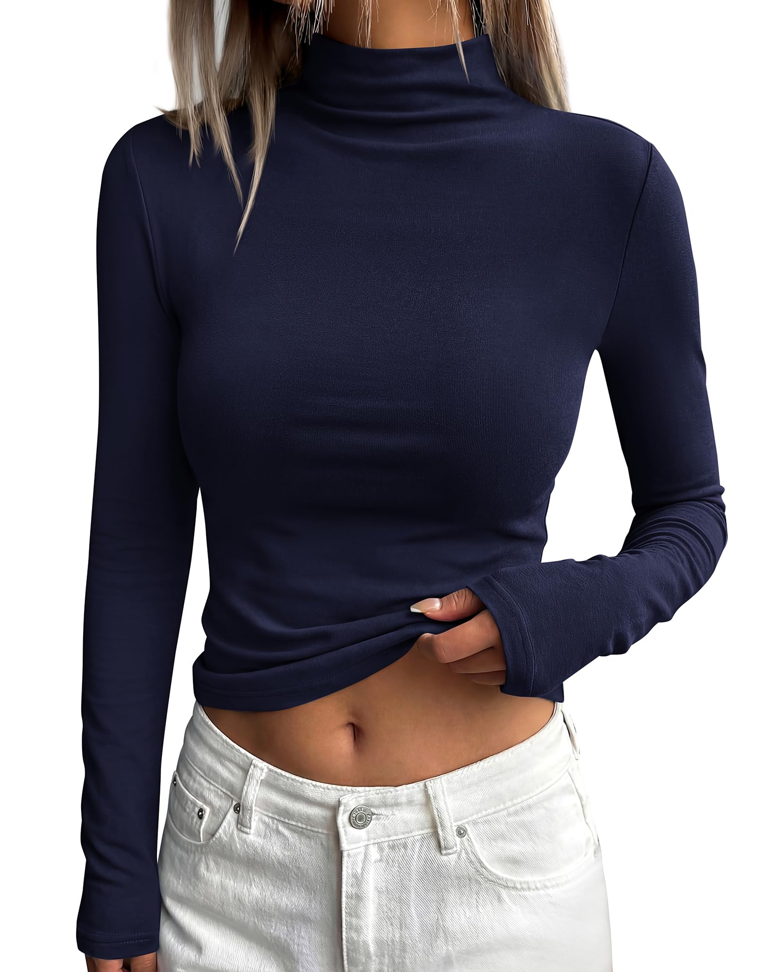 BTFBM Mock Tops for Women Fitted Long Sleeve Shirts Fall Fashion Clothing Thermal Layering Undershirts Going Out Outfits