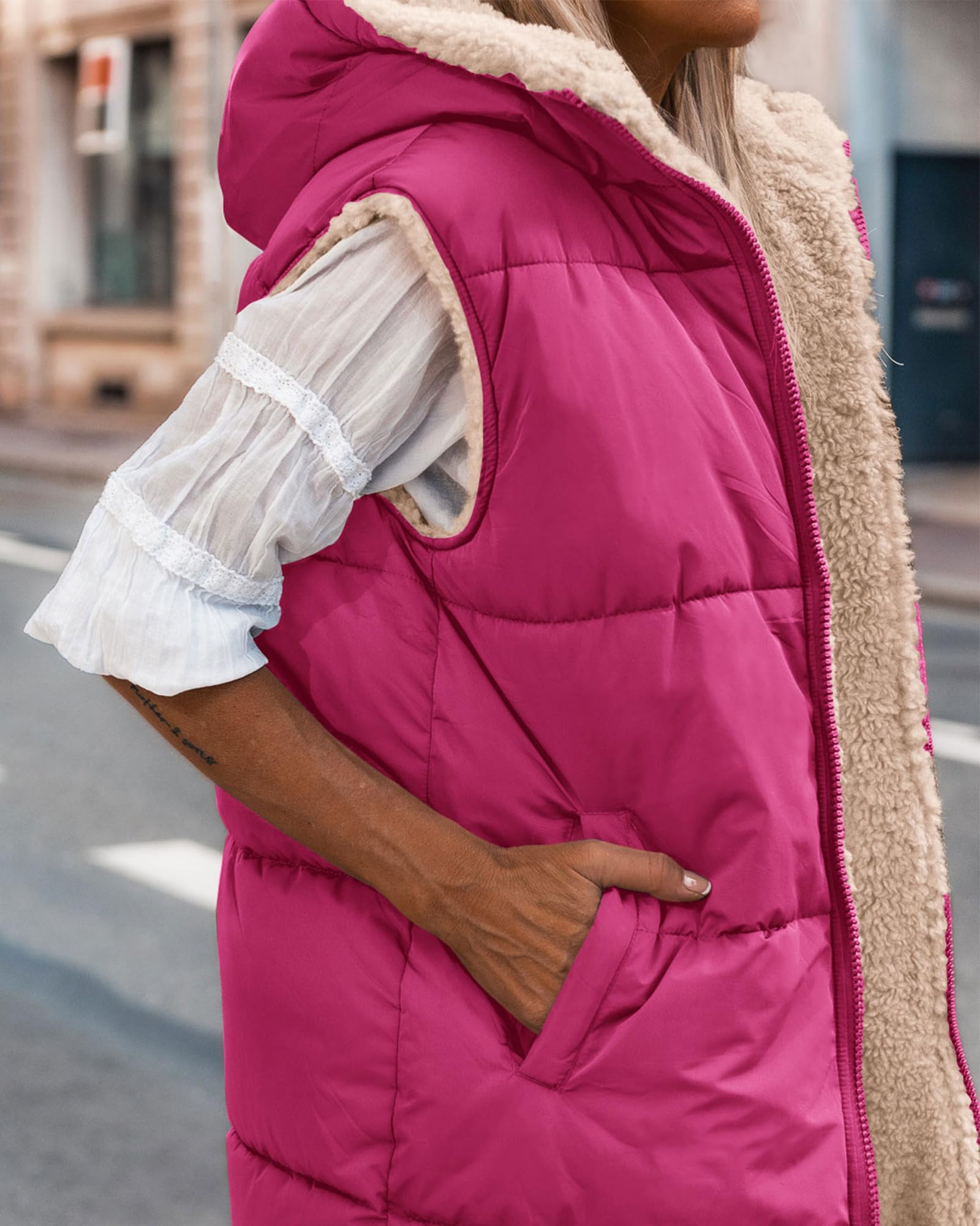 BTFBM Long Puffer Vest Women Fleece Sherpa Jacket Sleeveless Hooded Reversible Zip Up Winter Coat Fall Vests Outerwear