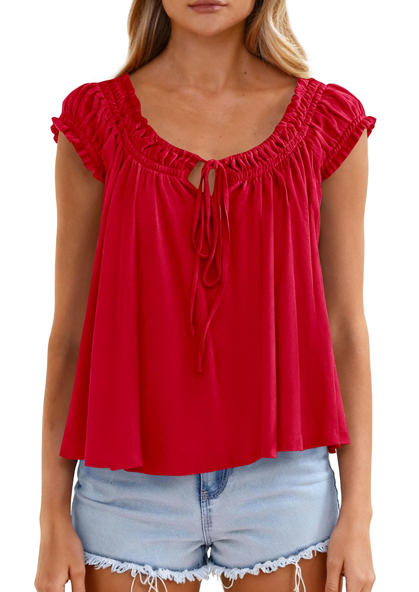 PRETTYGARDEN Women Babydoll Tops Summer Clothes Cap Sleeve Tie Front Flowy Tank Top Peplum Blouses Cute Going Out Shirts