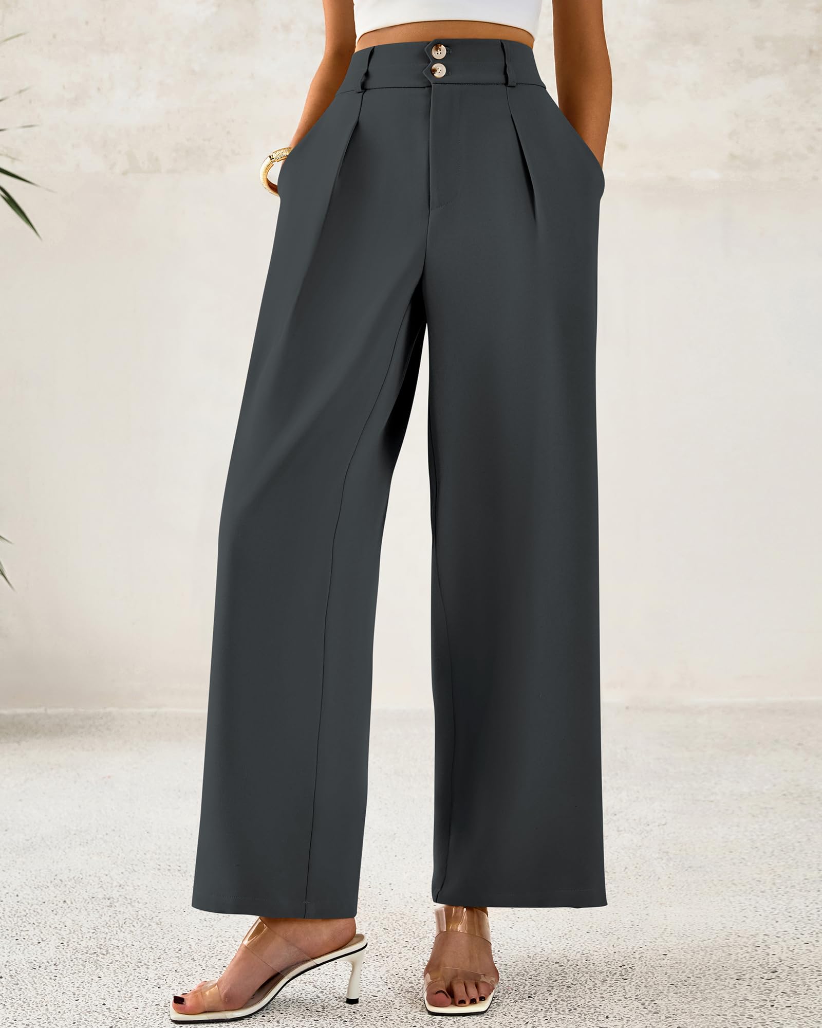 BTFBM Women Wide Leg Dress Pants High Waisted Button Pleated Business Casual Trousers Office Work Palazzo Pants