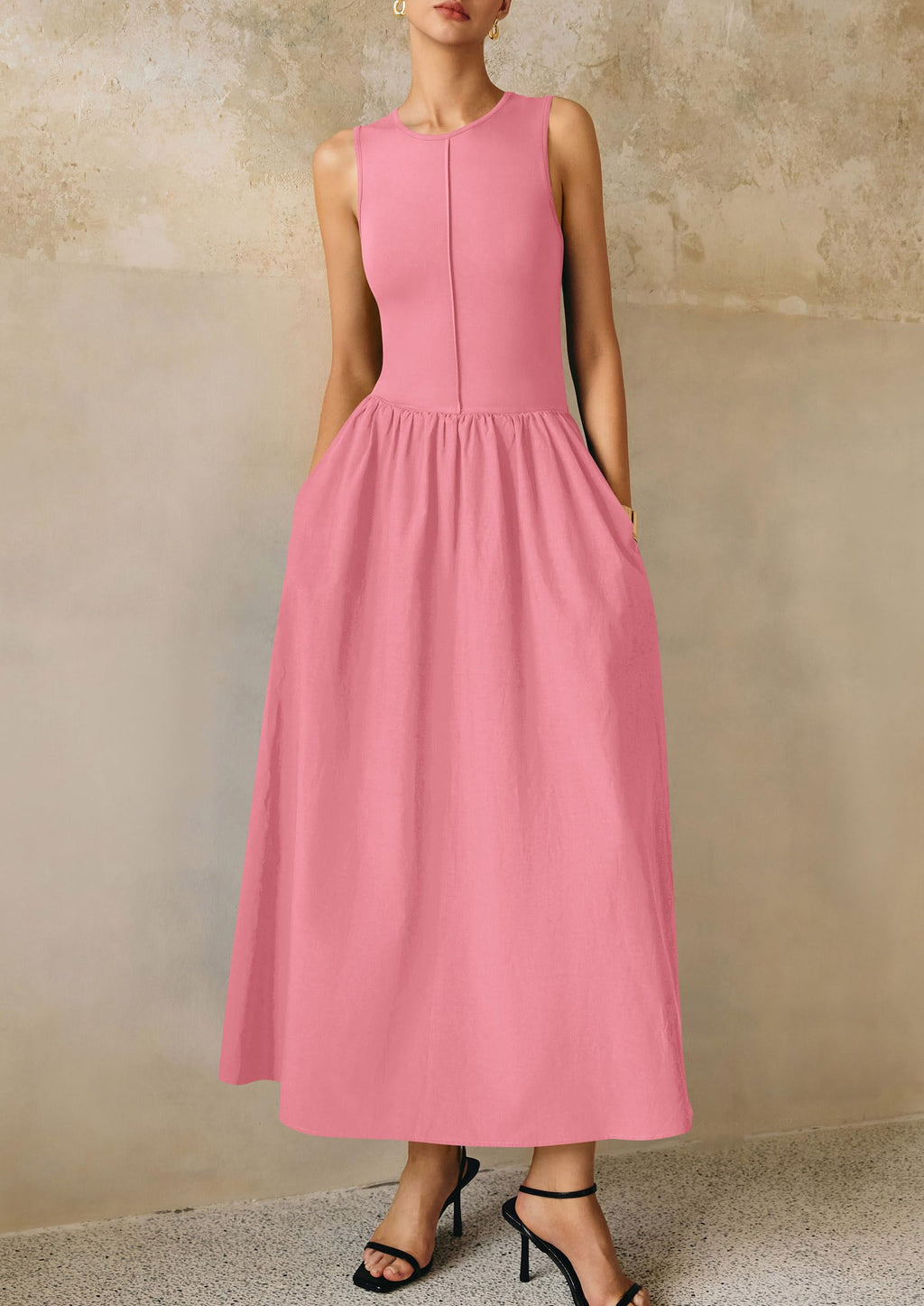 PRETTYGARDEN Maxi Dresses for Women Summer Casual Sleeveless Patchwork Flowy Vacation Sundress Knit Long Work Tank Dress
