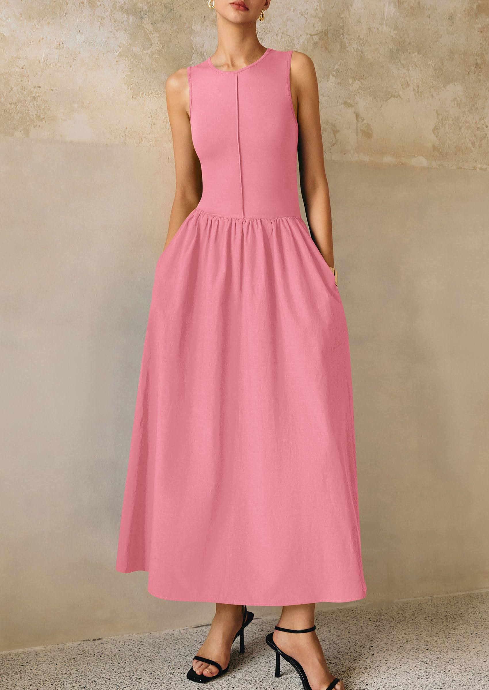 PRETTYGARDEN Maxi Dresses for Women Summer Casual Sleeveless Patchwork Flowy Vacation Sundress Knit Long Work Tank Dress