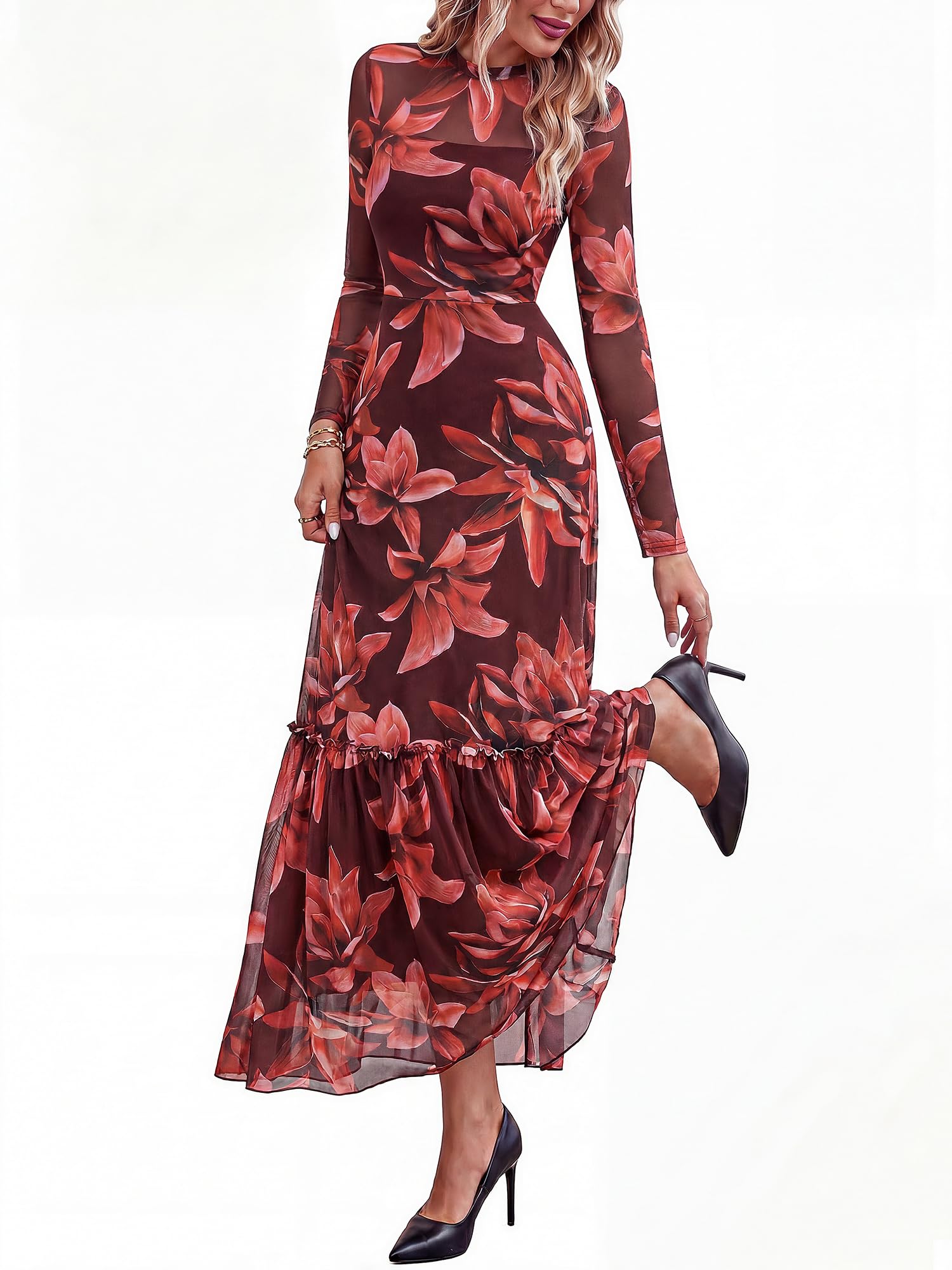 BTFBM Boho Mesh Long Sleeve Dress for Women | Mock Neck, Floral, A Line, Tiered, Graduation, Wedding, Cocktail Maxi Dresses, Fall Fashion, Resort Wear