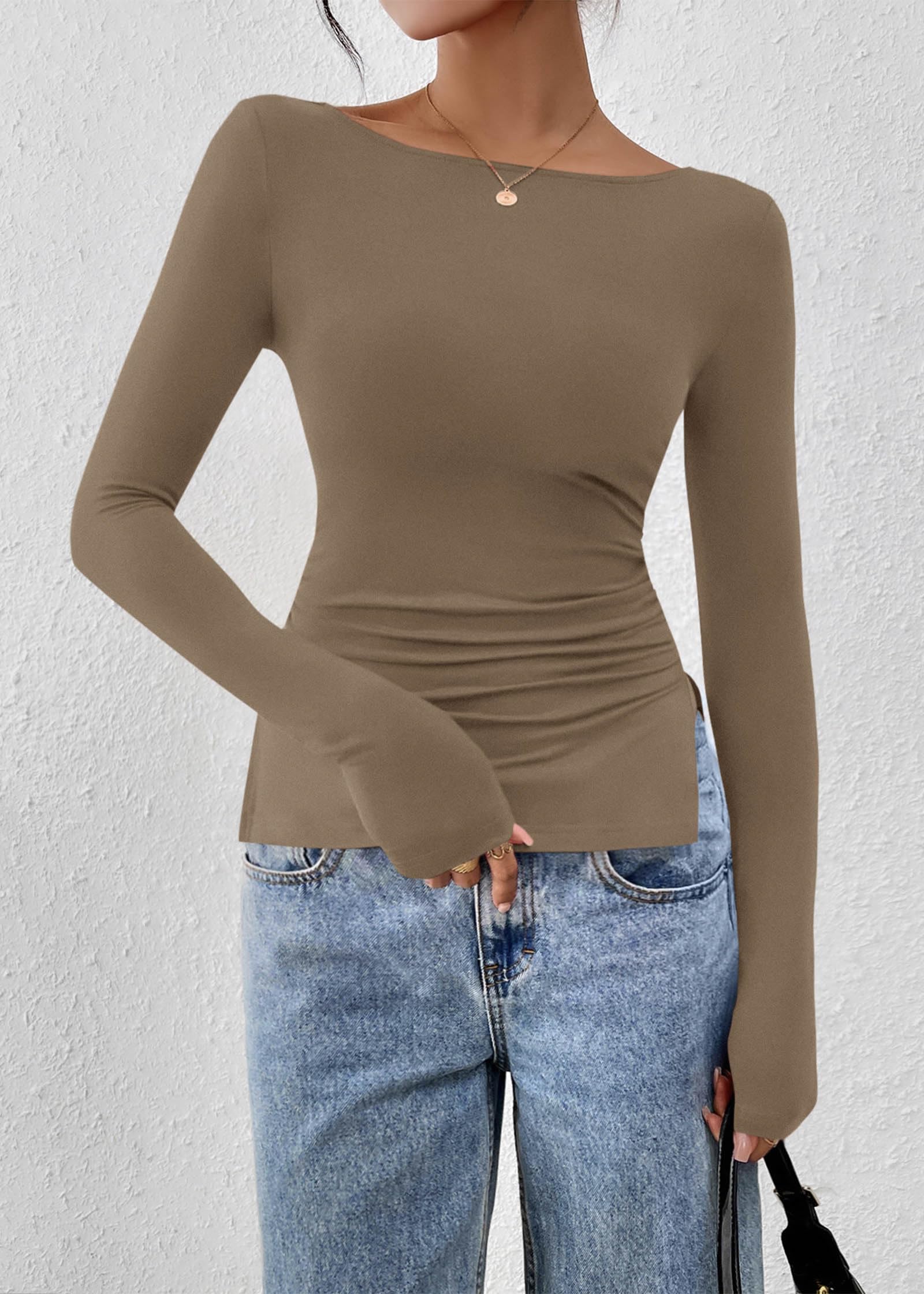 FreshPretty Long Sleeve Shirts for Women Fall Casual Boat Neck Knit Workout Going Out Tops Fitted Side Slit Basic Tees