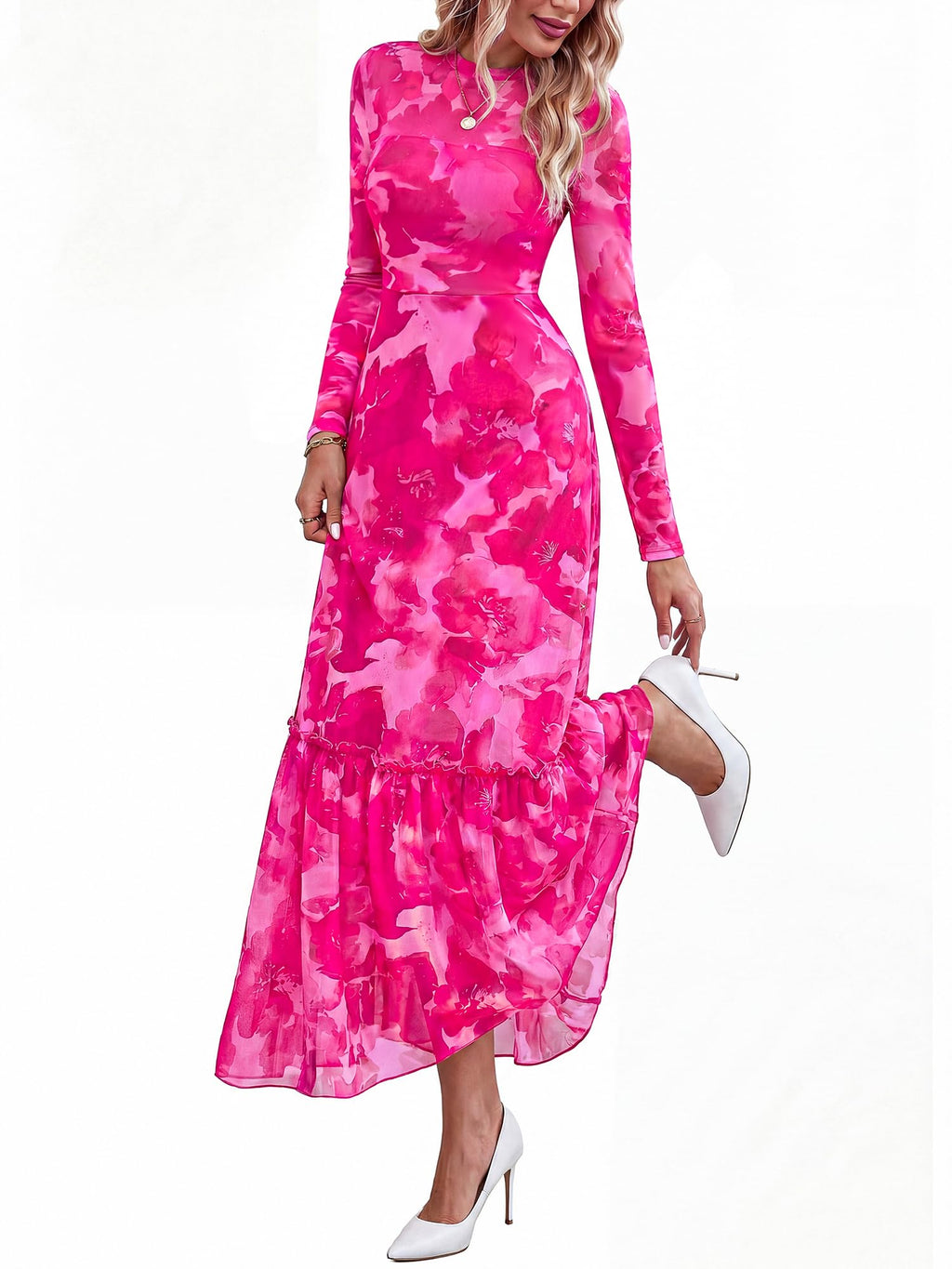 BTFBM Boho Mesh Long Sleeve Dress for Women | Mock Neck, Floral, A Line, Tiered, Graduation, Wedding, Cocktail Maxi Dresses, Fall Fashion, Resort Wear