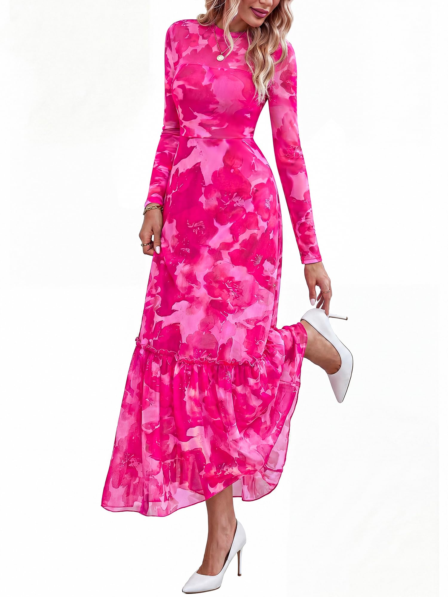 BTFBM Boho Mesh Long Sleeve Dress for Women | Mock Neck, Floral, A Line, Tiered, Graduation, Wedding, Cocktail Maxi Dresses, Fall Fashion, Resort Wear