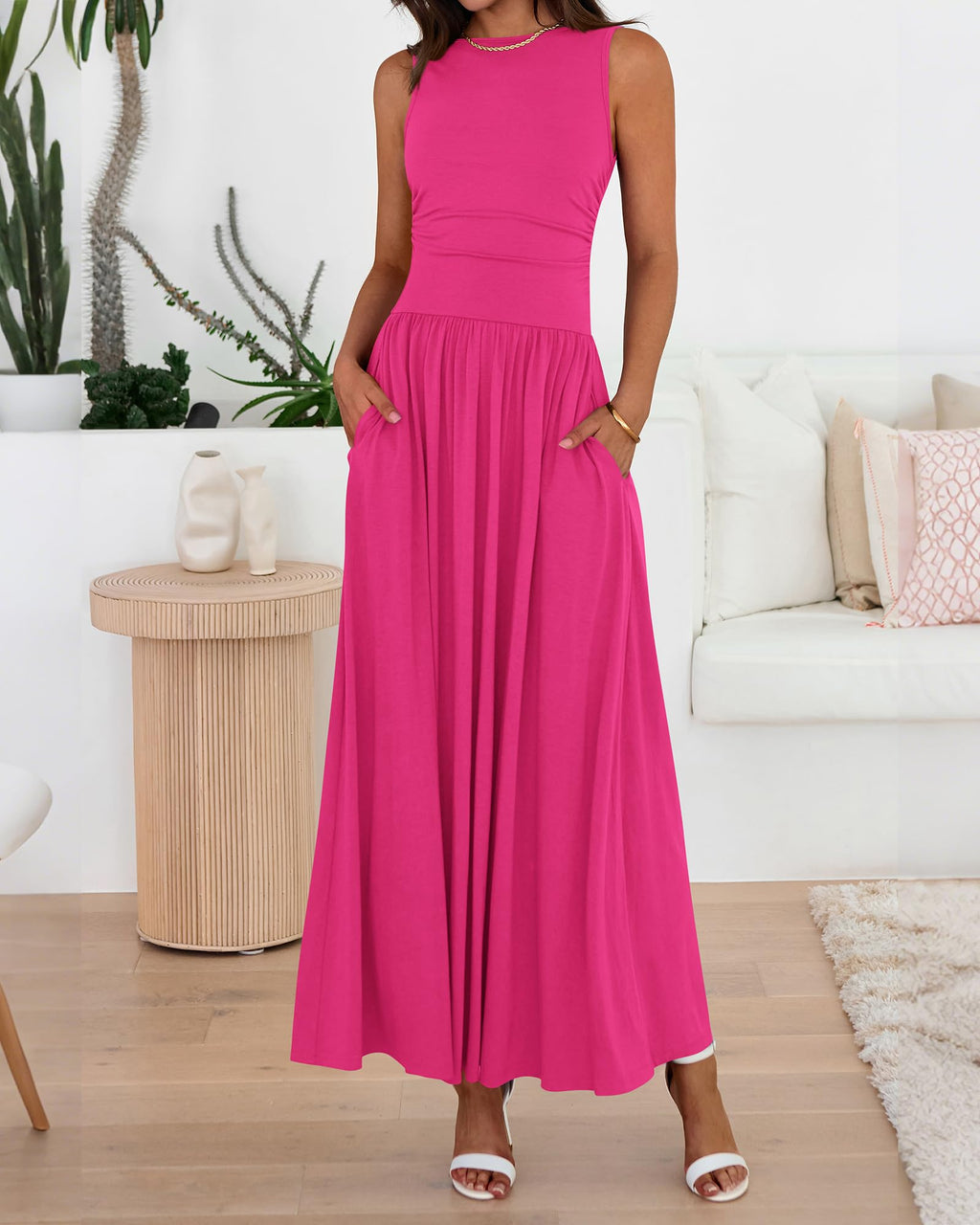BTFBM Summer Maxi Dresses for Women Spring Sleeveless Casual Ruched High Waisted Long Sundress Flowy Beach Dress