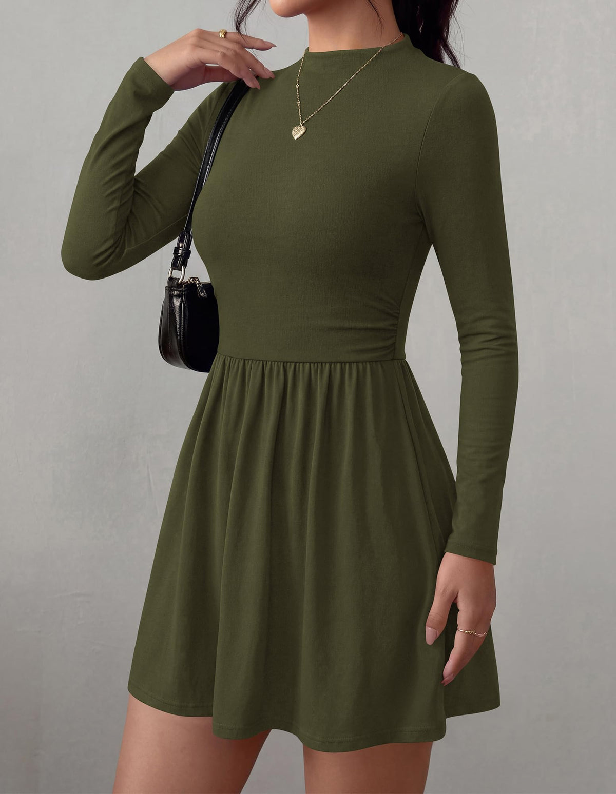 BTFBM Long Sleeve Dresses for Women Mock Neck A Line Flowy Mini Dress Swing Pleated Hem,Cocktail Party Club Holiday Going Out Outfits,Dressy Casual Winter,Trendy Early Fall Fashion Clothing