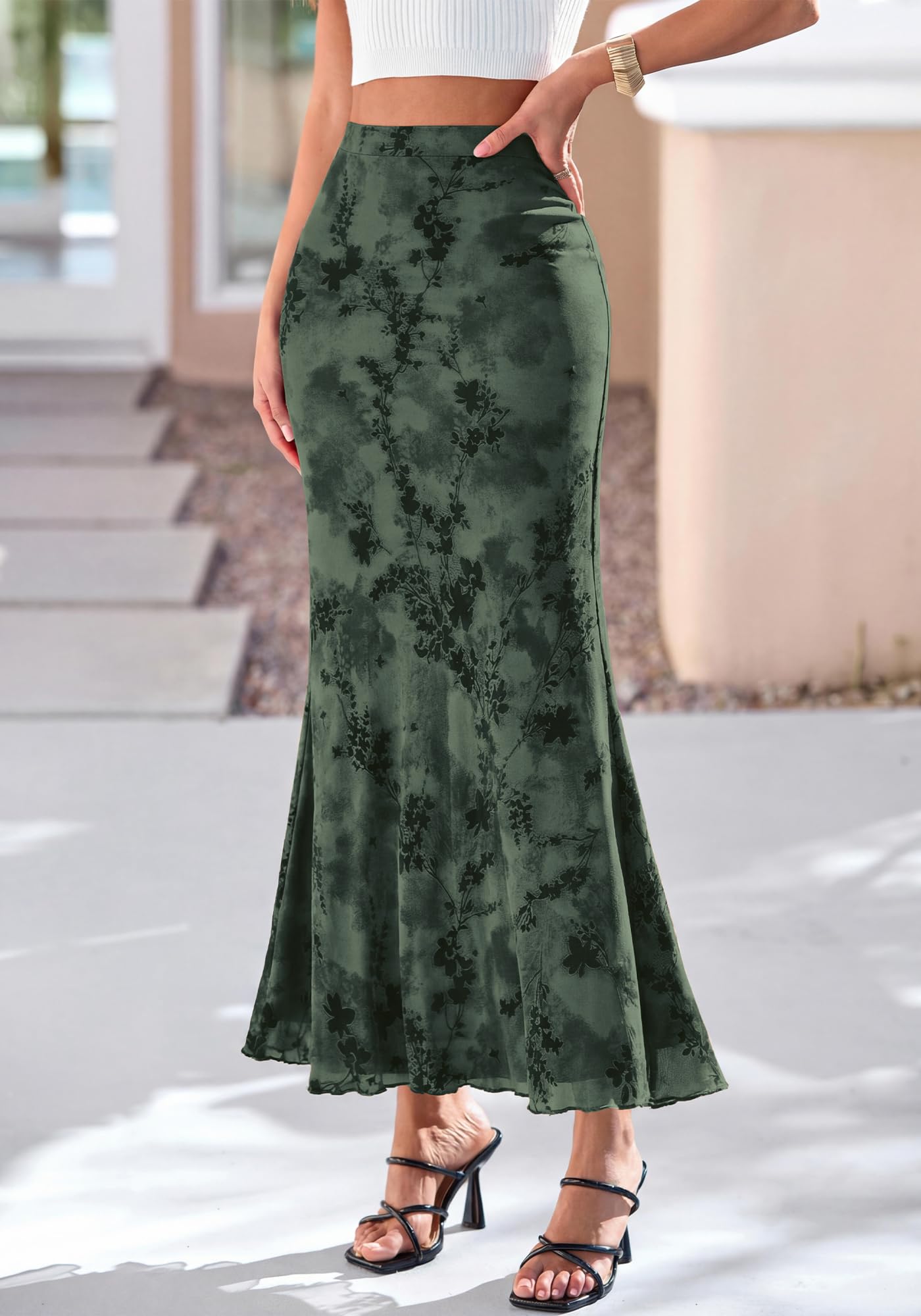 BTFBM Womens Floral Mesh Maxi Skirt Spring Summer Elastic High Waisted Boho Elegant Mermaid Long Skirts for Women