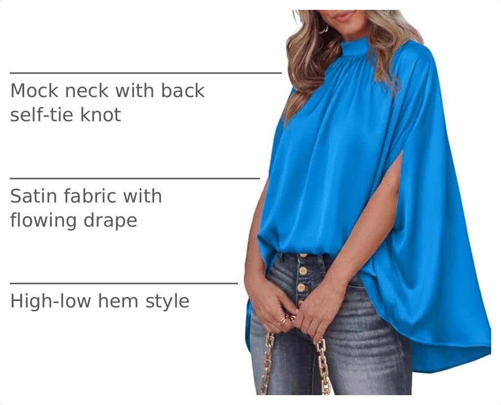 BTFBM Womens Summer Tops Mock Neck Batwing Sleeve Silk Satin Shirts Loose Oversized Dressy Casual Spring Blouses