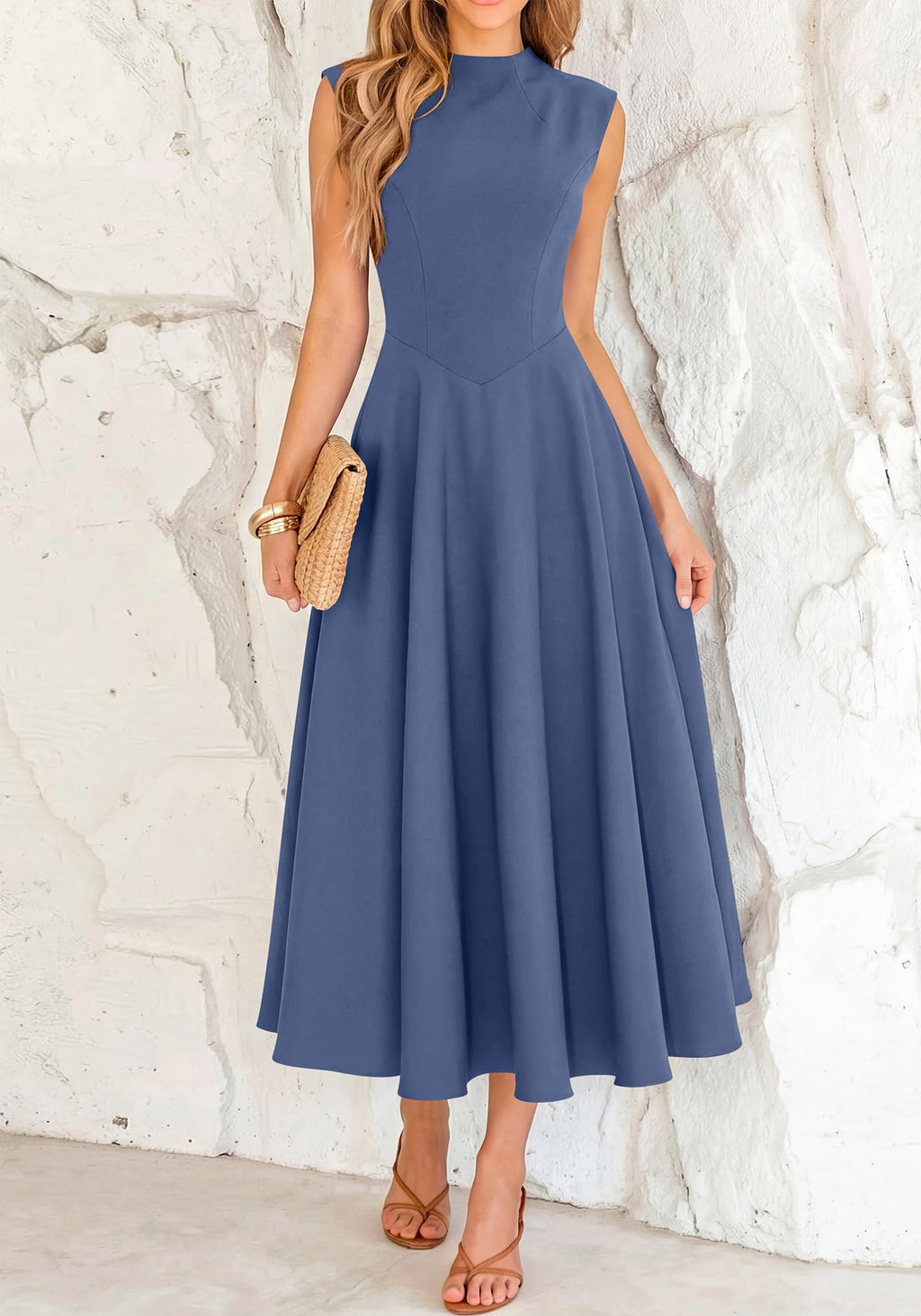 BTFBM Summer Dresses for Women Mock Neck Sleeveless High Waist Flowy Aline Maxi Spring Wedding Guest Dress Cocktail