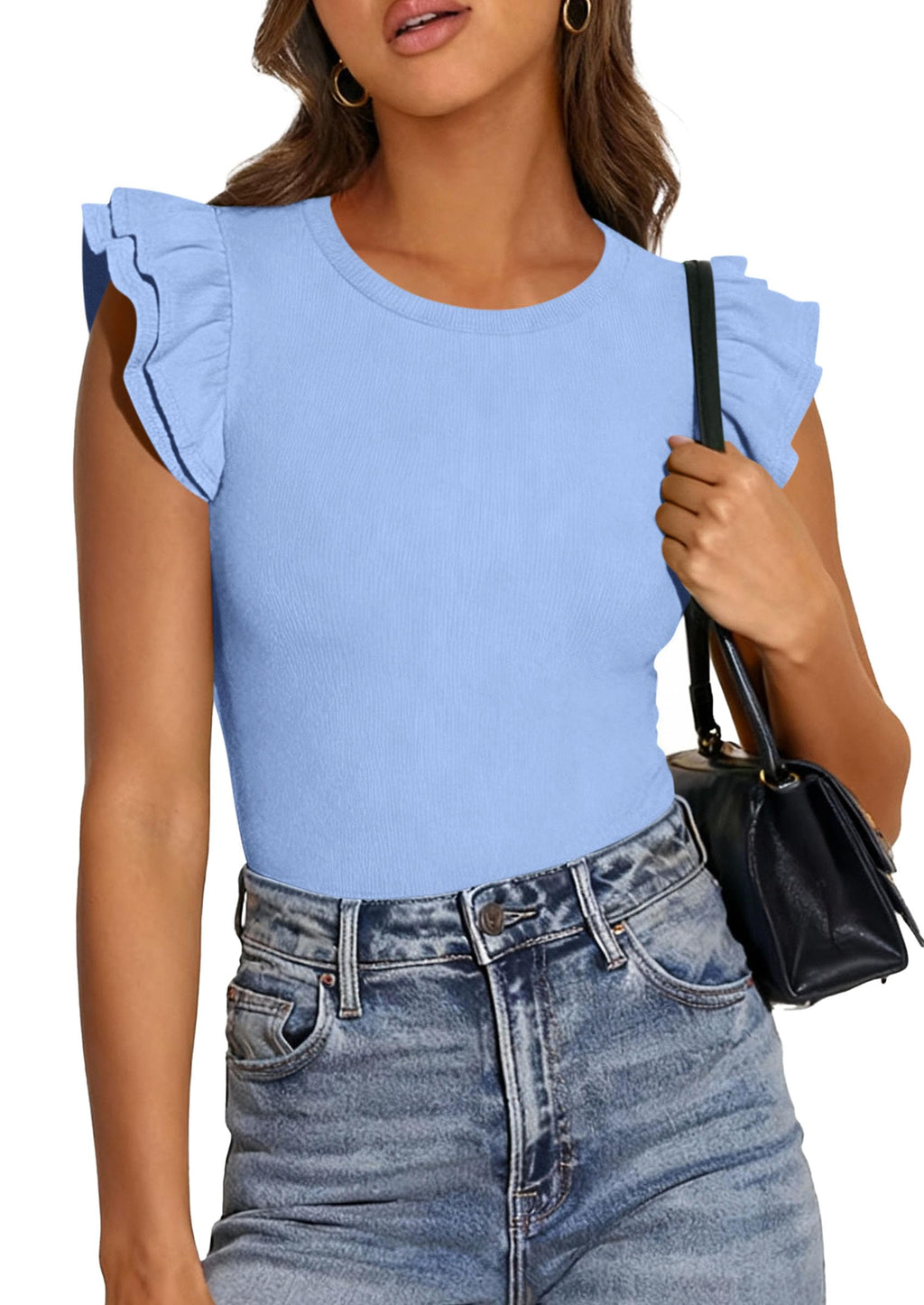 PRETTYGARDEN Womens Summer Crew Neck T Shirts Trendy Ruffle Sleeve Slim Fit Knit Going Out Tops Casual Spring Clothes