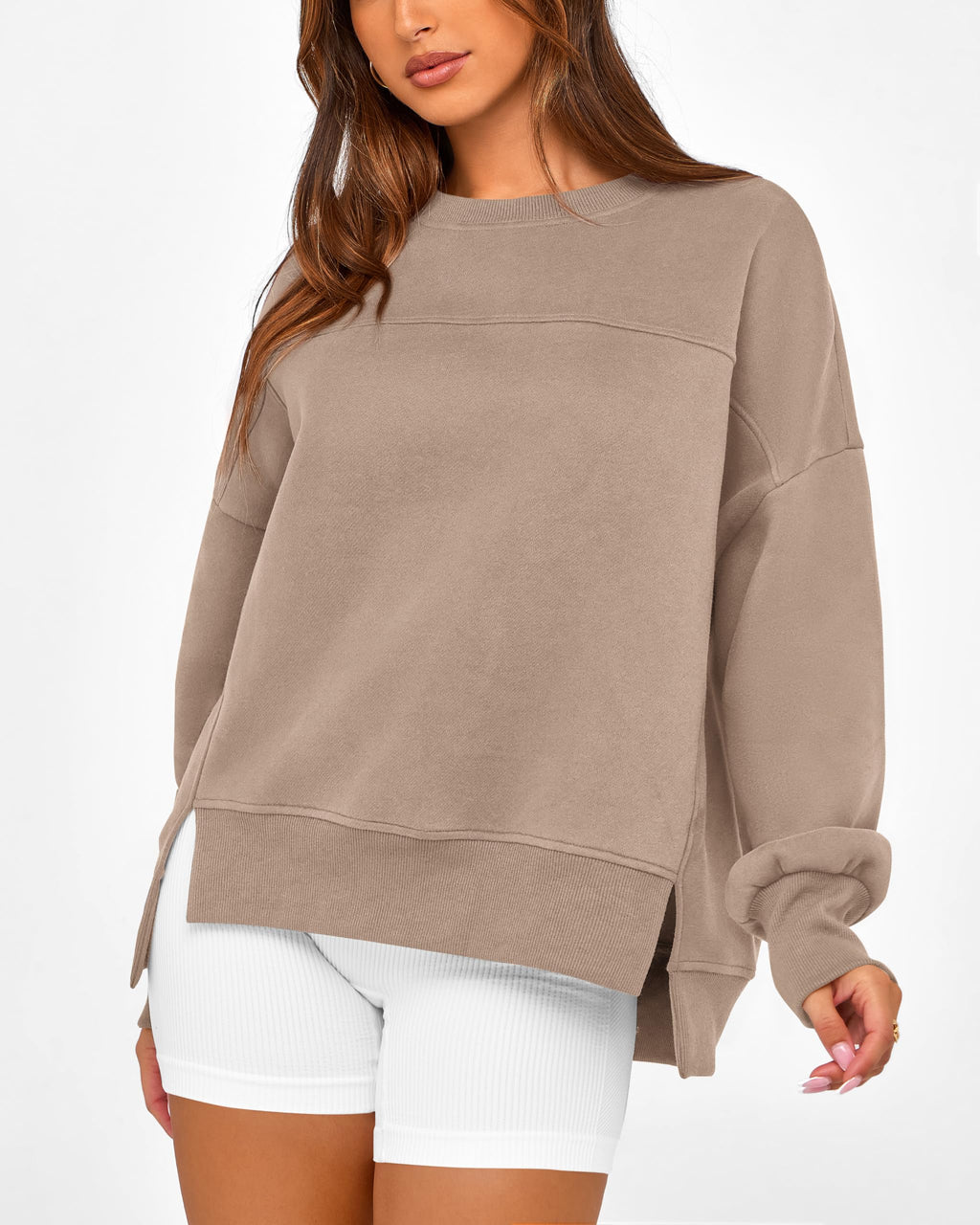 BTFBM Women's Casual Crewneck Sweatshirts Spring Long Sleeve Side Slit Workout Fleece Pullover Top Fashion Clothing