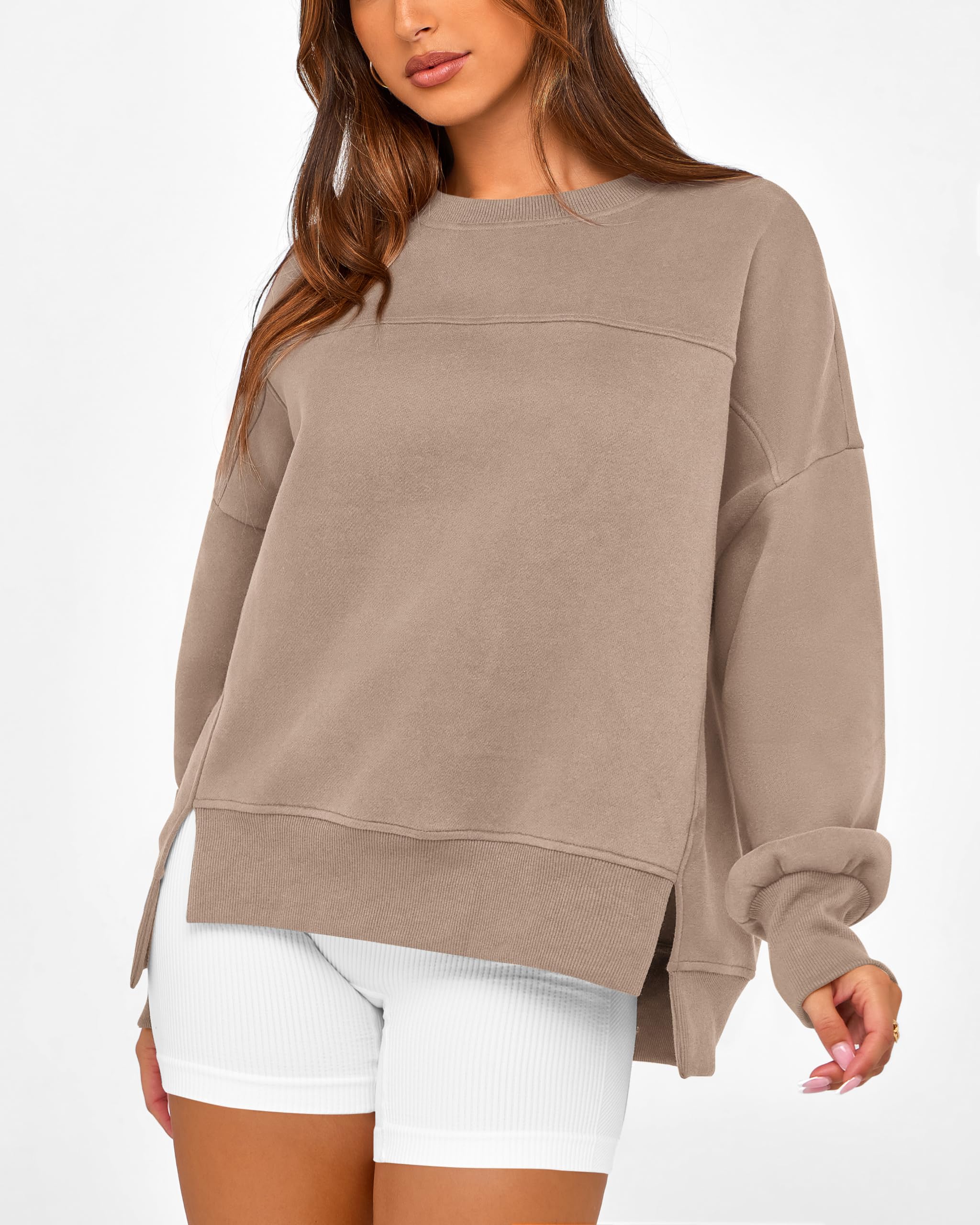 BTFBM Women's Casual Crewneck Sweatshirts Spring Long Sleeve Side Slit Workout Fleece Pullover Top Fashion Clothing