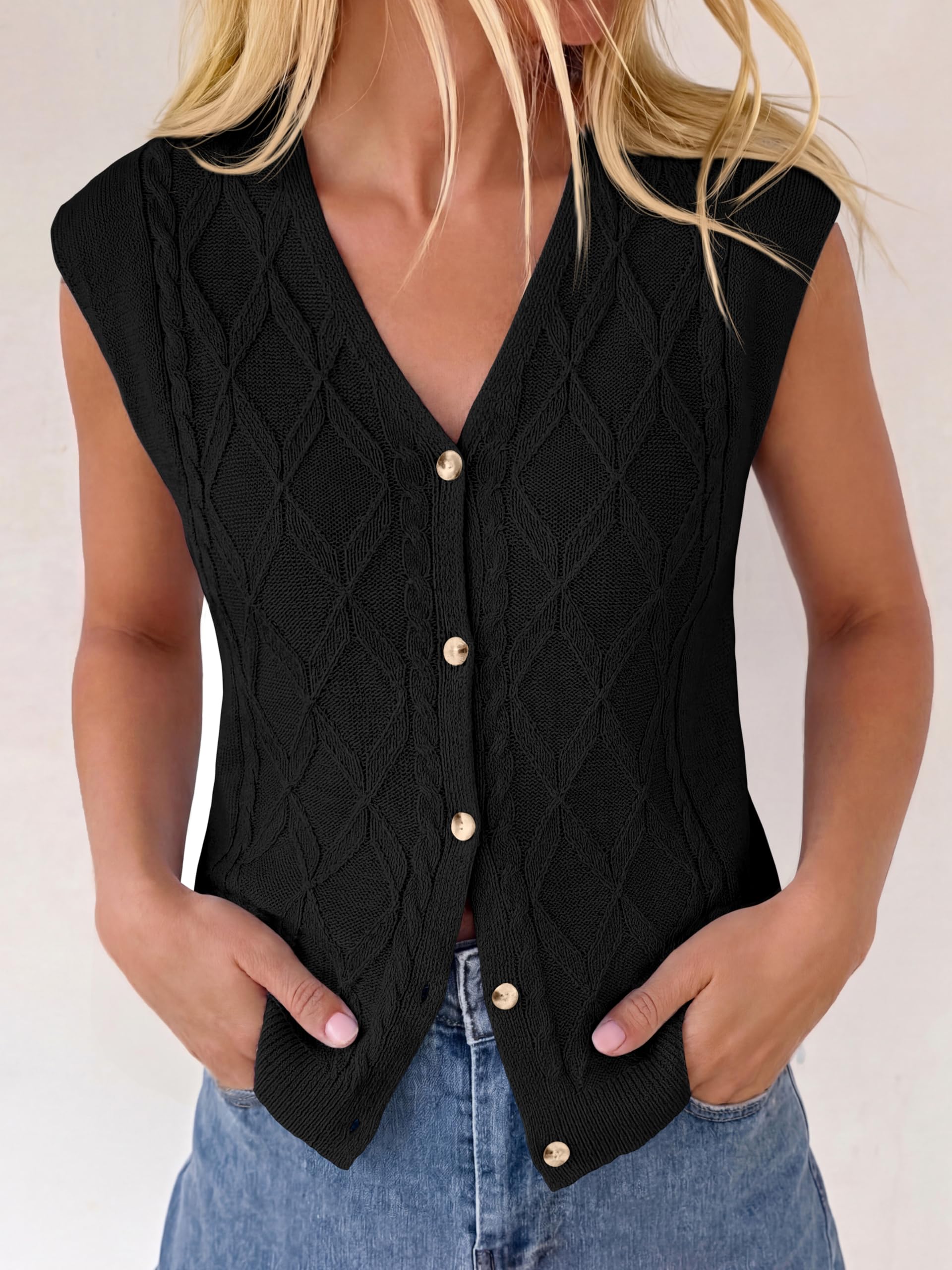 BTFBM Vest Tops for Women Summer V Neck Button Loose Lightweight Cardigan Knit Cap Sleeve Sweater Vests Fashion Clothing