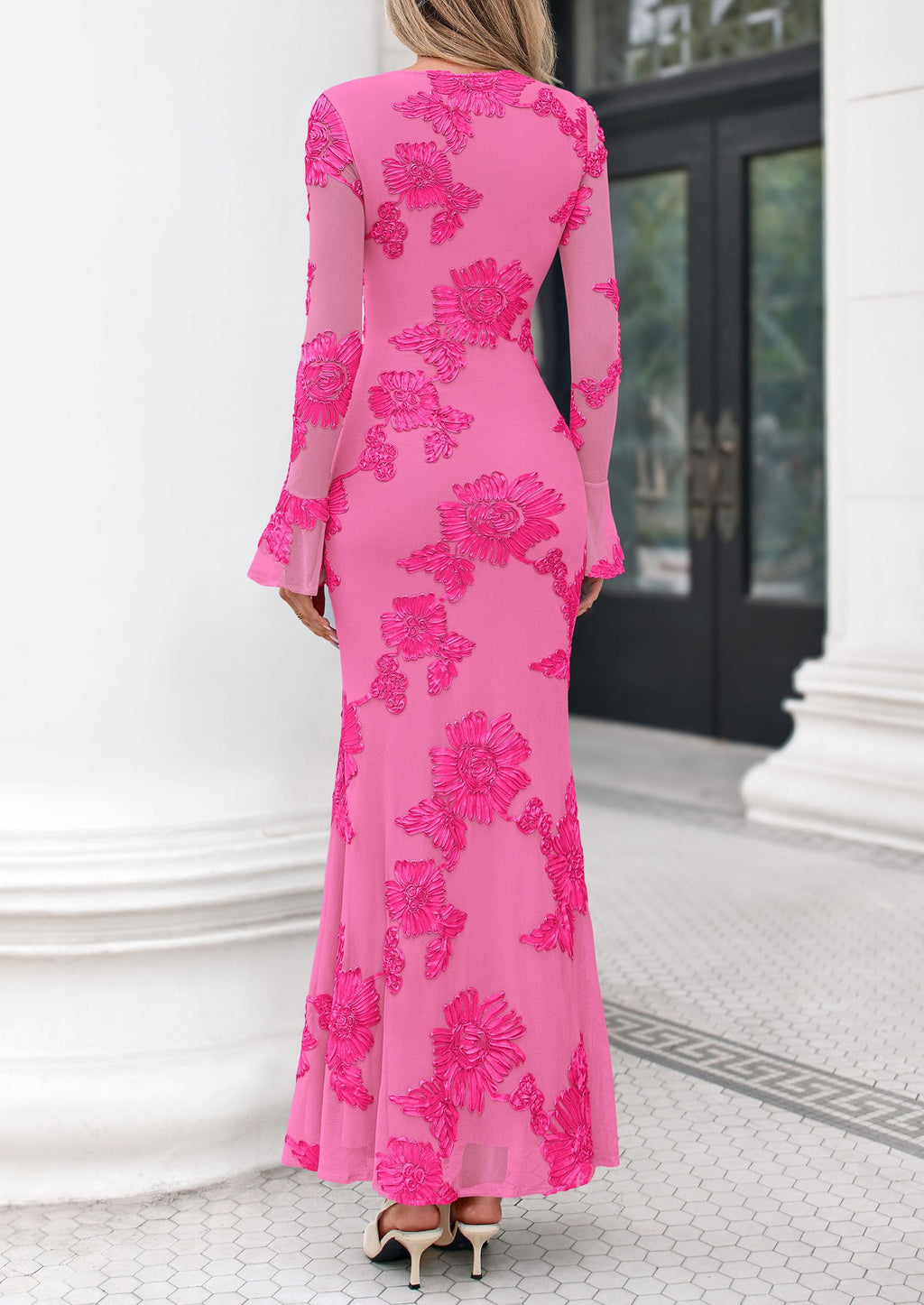 PRETTYGARDEN Women's Formal Floral Maxi Bodycon Dresses Ruffle Long Sleeve, Fall Winter Outfits 2026 for Wedding Guest, Homecoming & Cocktail, Slimming Mesh Dress with Lining