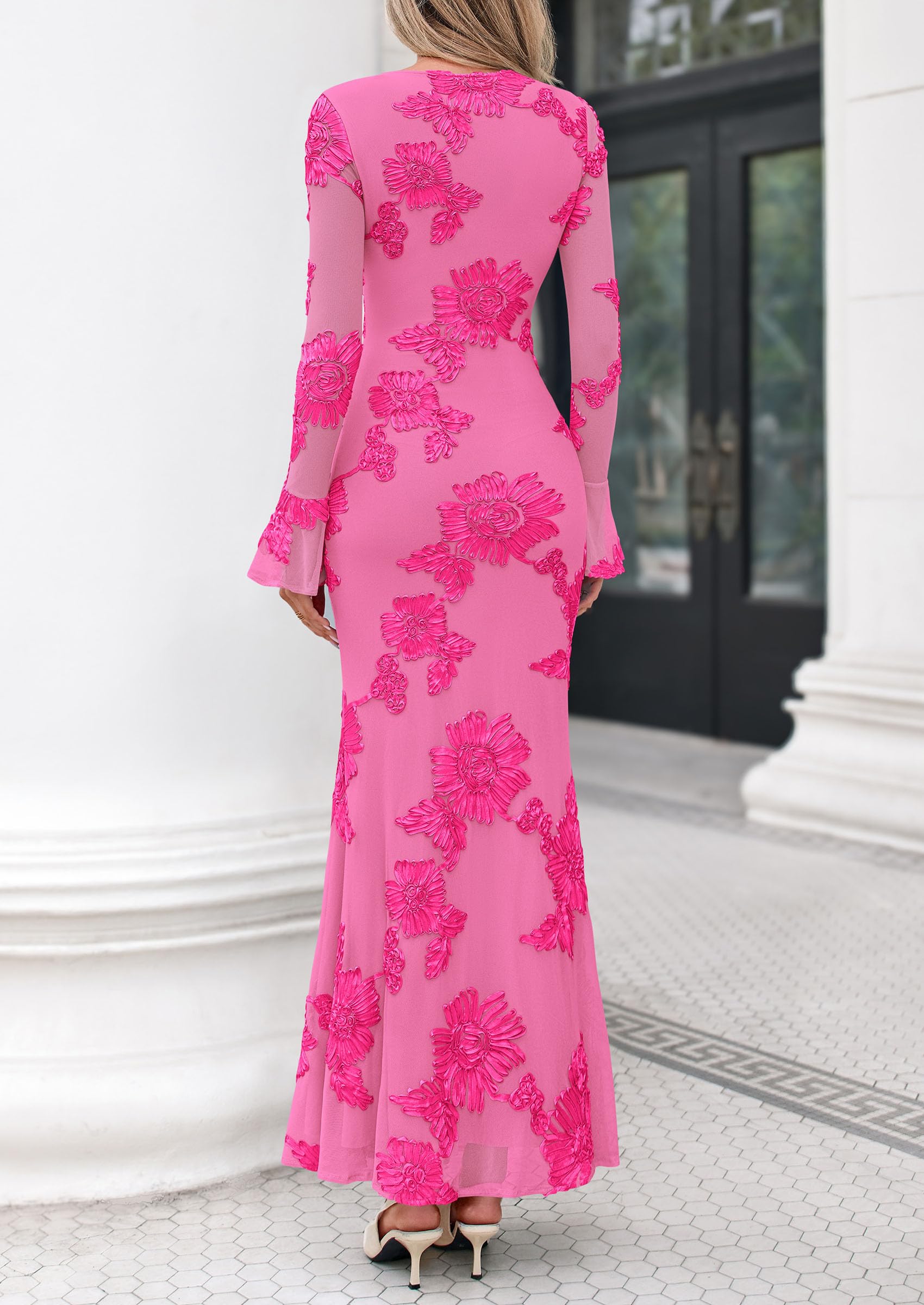 PRETTYGARDEN Women's Formal Floral Maxi Bodycon Dresses Ruffle Long Sleeve, Fall Winter Outfits 2026 for Wedding Guest, Homecoming & Cocktail, Slimming Mesh Dress with Lining