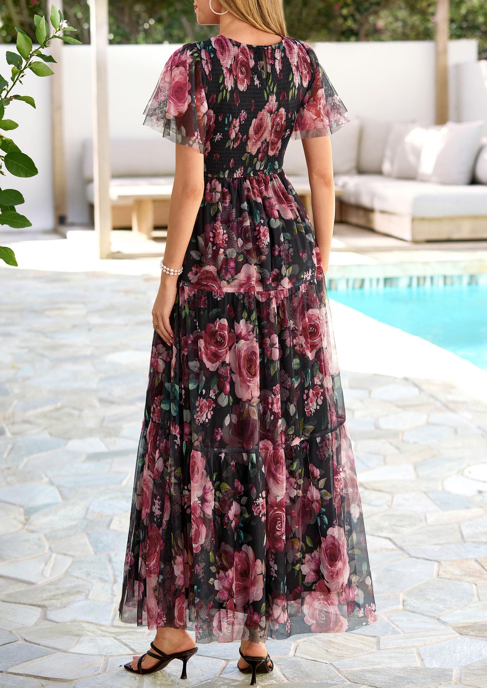 PRETTYGARDEN Tulle Floral Dress Women Summer Wedding Guest  Spring Short Sleeve Maxi Smocked Flowy Beach Party Dresses