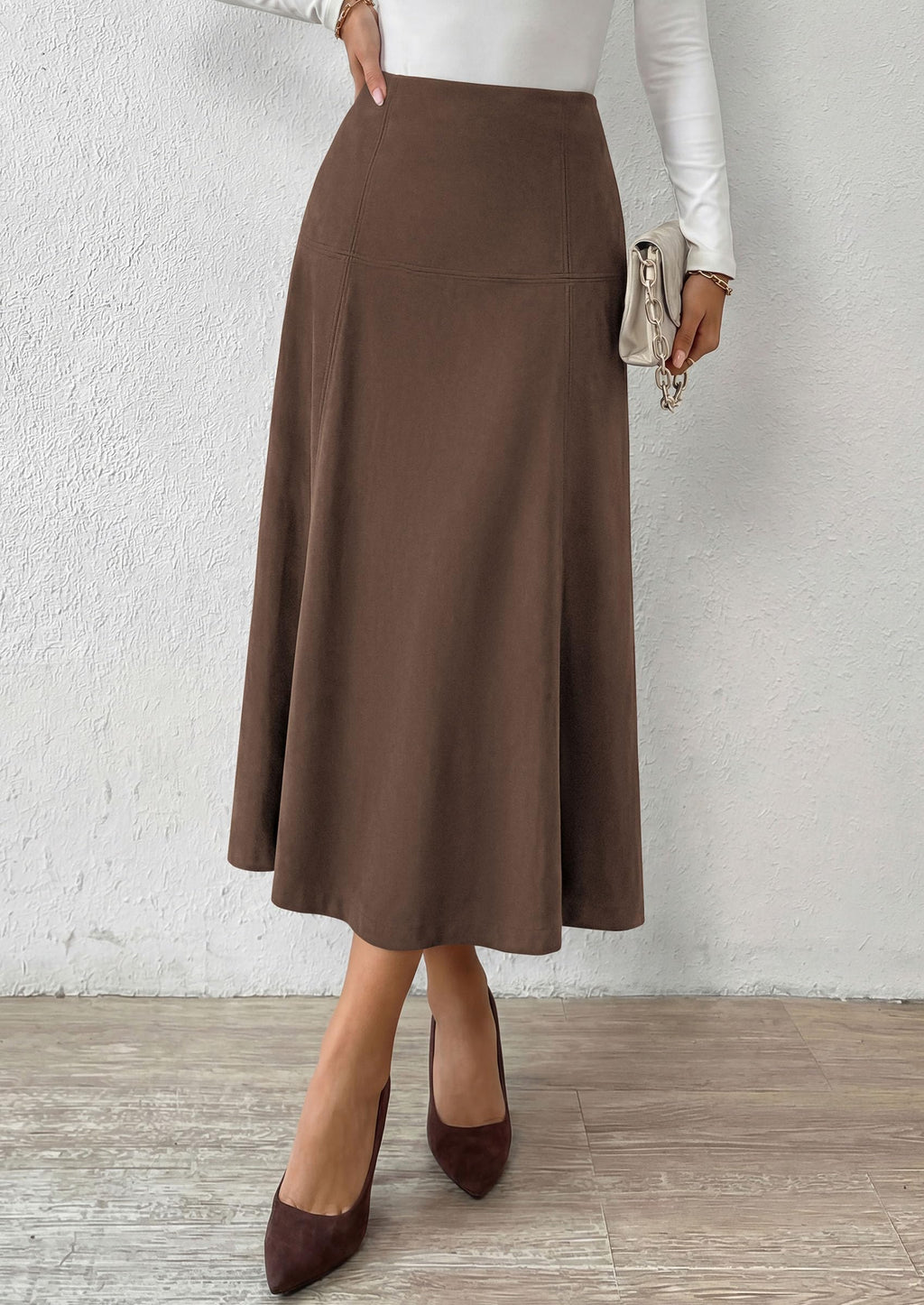 PRETTYGARDEN Womens High Waist Faux Suede A Line Midi Skirt | Hidden Stretch Elastic Waist, Front Back Panel Stitching, Vintage Elegant Mid-Calf Long Skirts for Fall Winter Office Daily