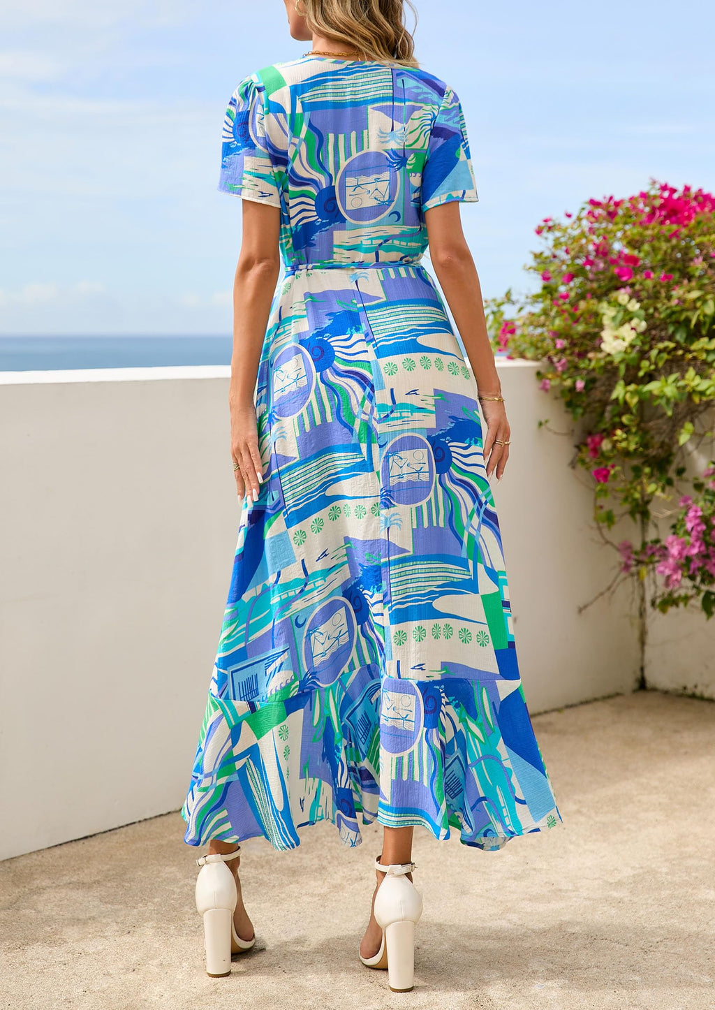 PRETTYGARDEN Women's Summer Maxi Dress Casual Wrap Floral Boho Short Sleeve V Neck Split Ruffle Beach Long Dresses