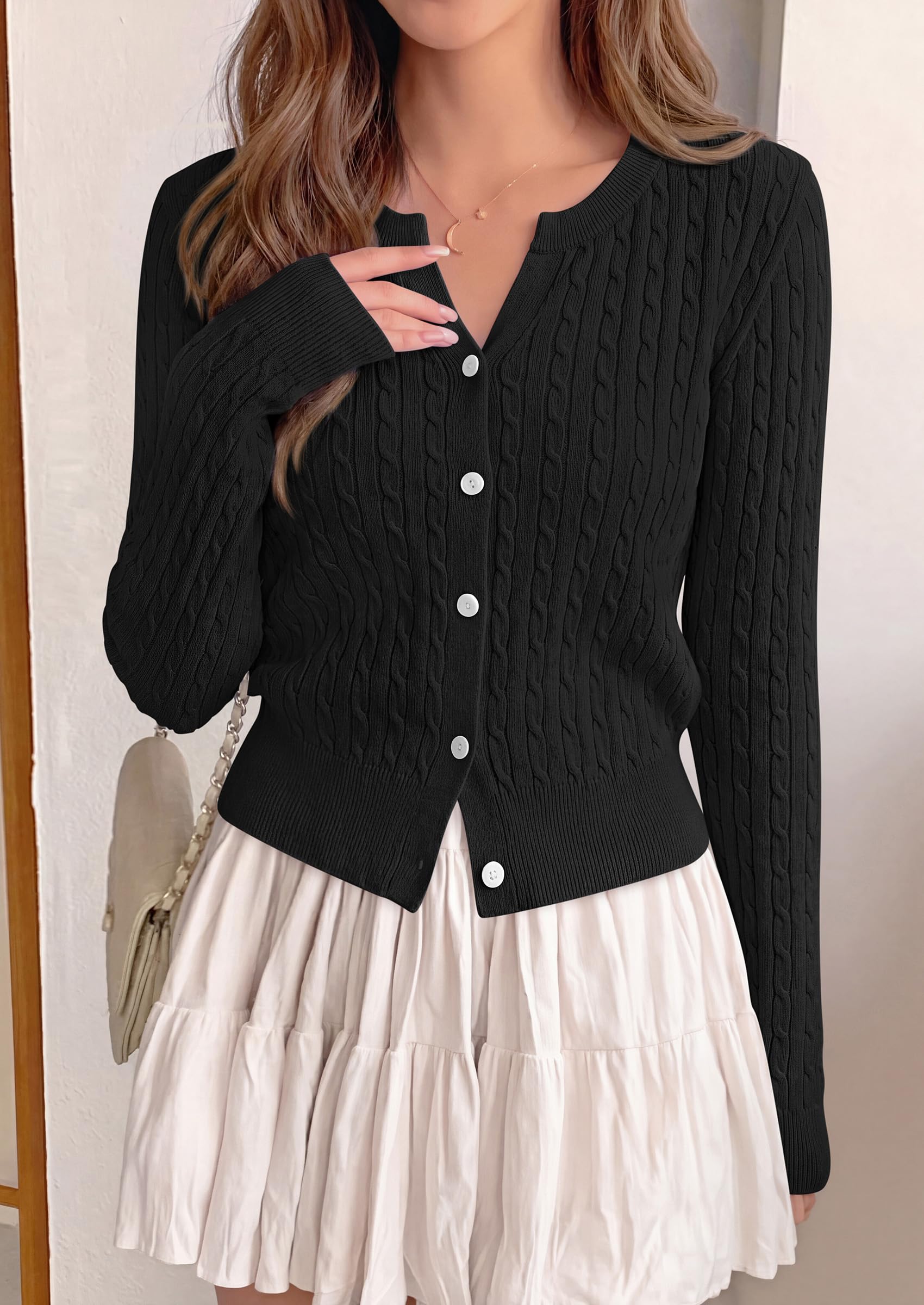 FreshPretty Women's Cable Knit Cropped Cardigan Sweater V Neck Button Down | Soft Lightweight Cable Knit, Long Sleeve, V Neck Button Front, Cropped Ribbed Trim, Business Casual Fall Winter Layering