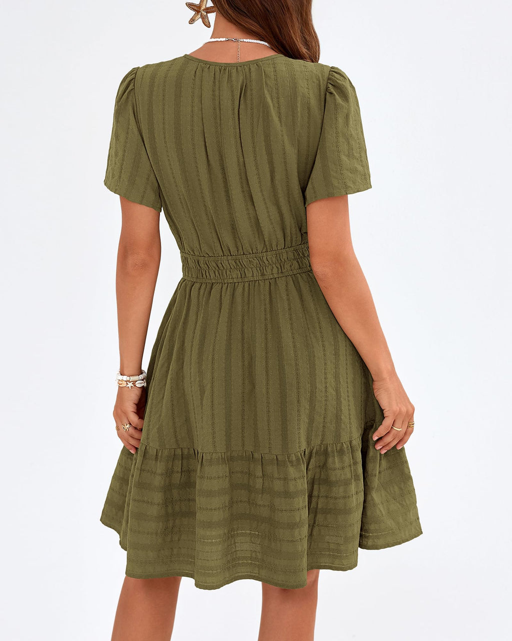 BTFBM Womens Spring  Casual Mini Dresses Lightweight Short Sleeve V Neck Elastic Waist Cute Boho Beach Dress Pockets