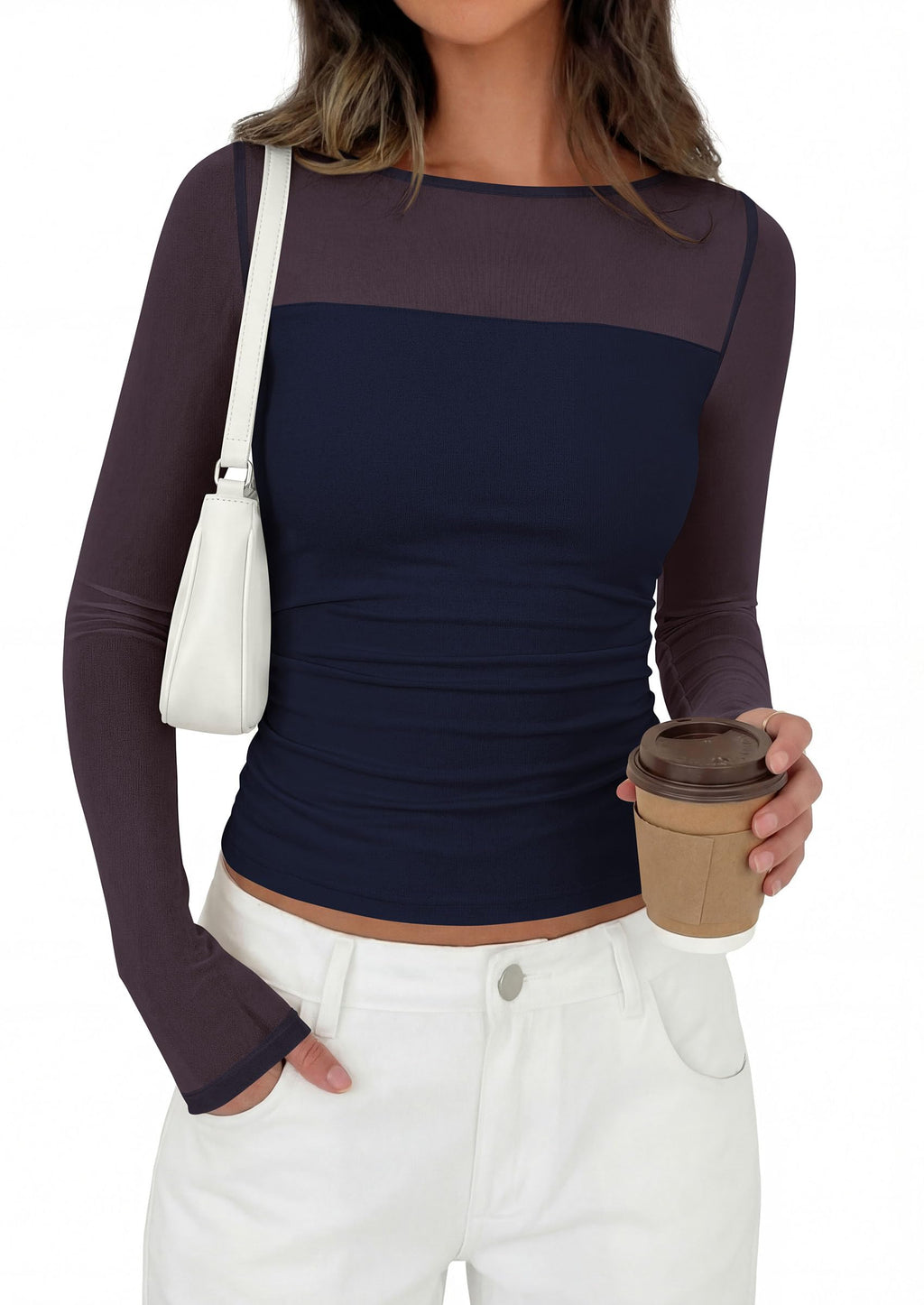 PRETTYGARDEN Women's Sheer Mesh Long Sleeve Going Out Tops | Comfy Stretchy Patchwork,Boat Neck,Ruched Slim Fitted,See Through,Trendy Shirts,Date Night Outfit,Early Fall Fashion Clothing
