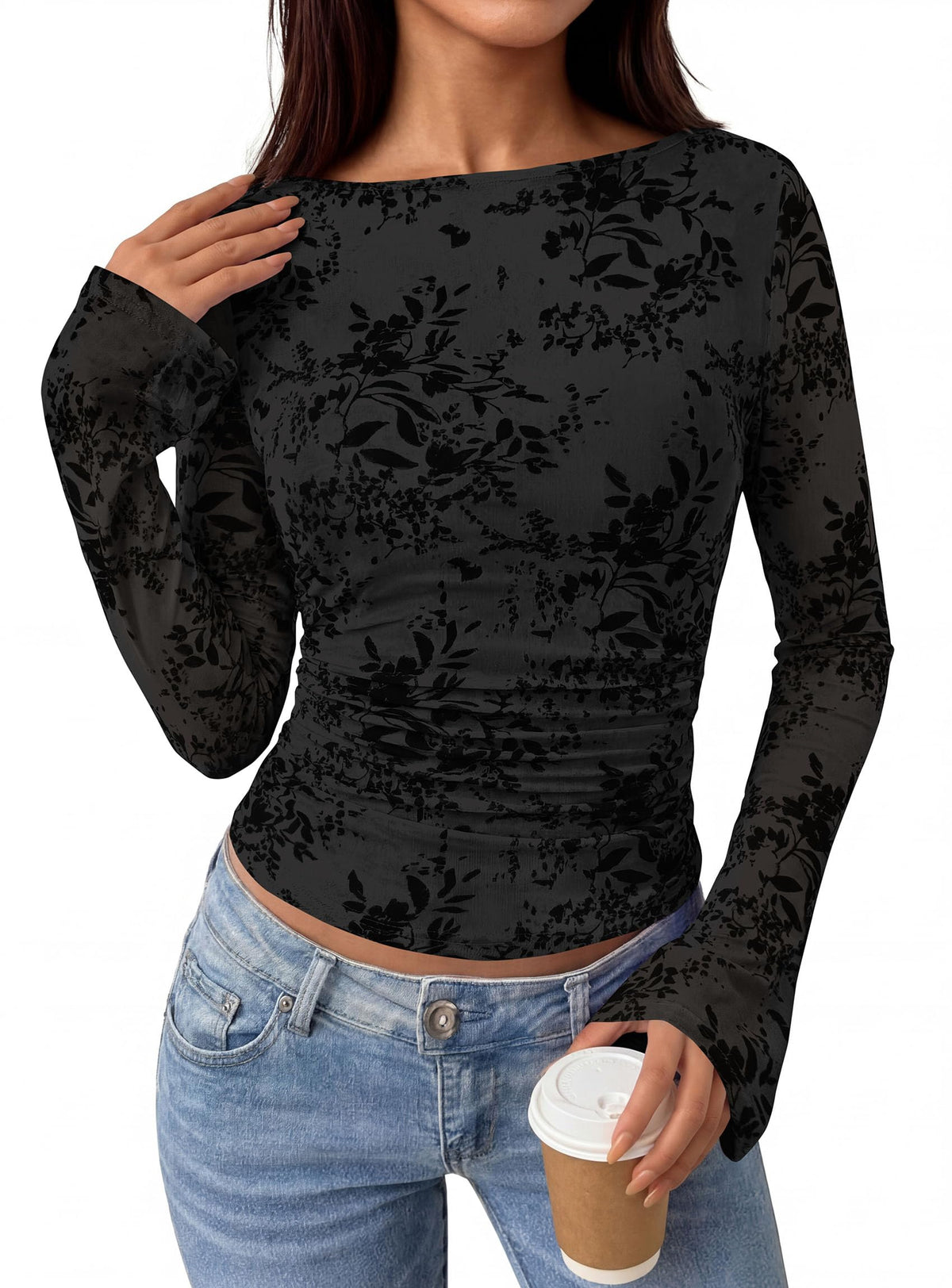 PRETTYGARDEN Women's Bell Sleeve Floral Mesh Crop Tops