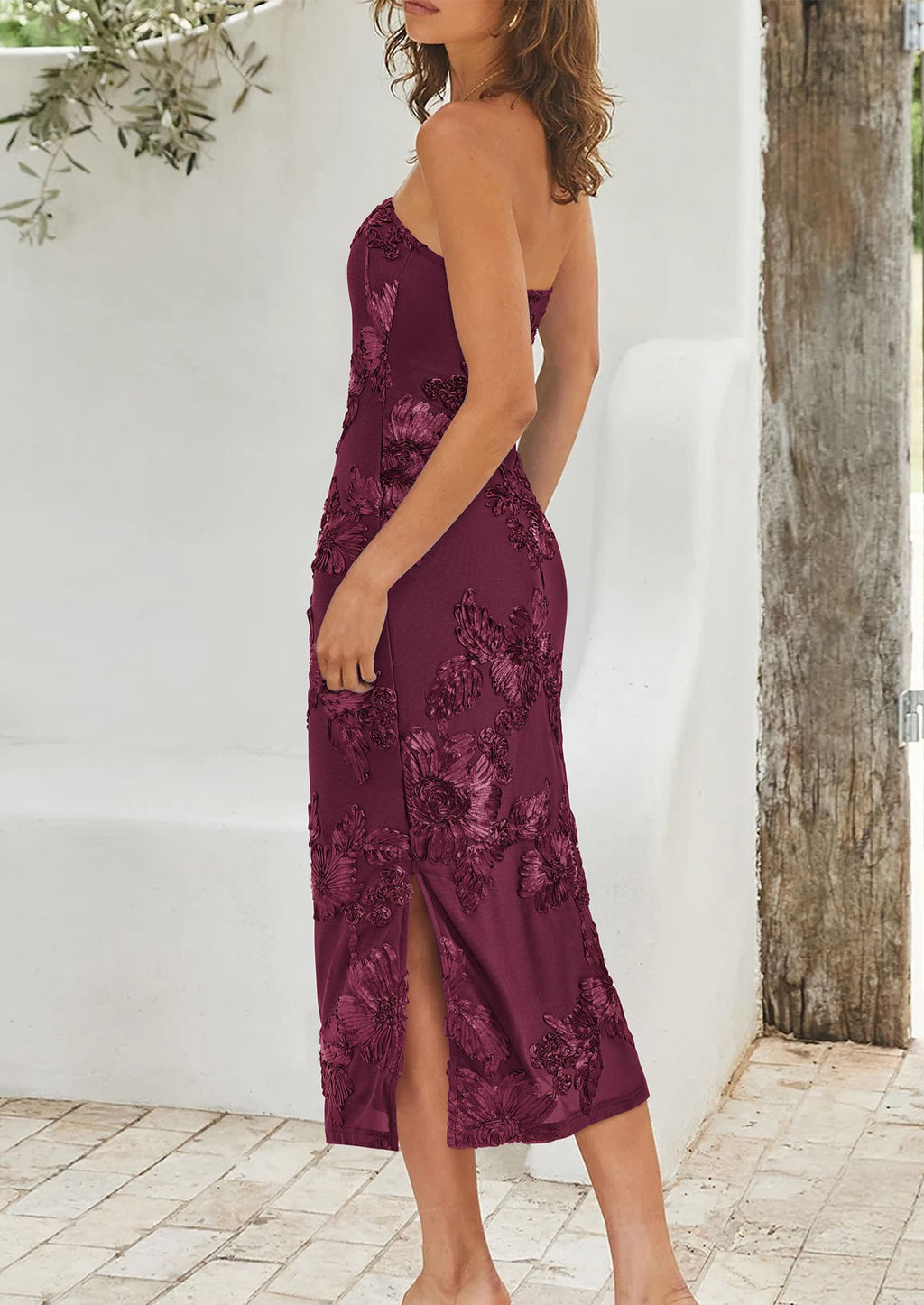 PRETTYGARDEN Women's Summer Wedding Guest Floral Midi Dress Strapless Tube Top, Side Slit, Bodycon Mesh, Elegant Cocktail Dresses for Homecoming Party, Birthday, Dinner, Formal Gowns