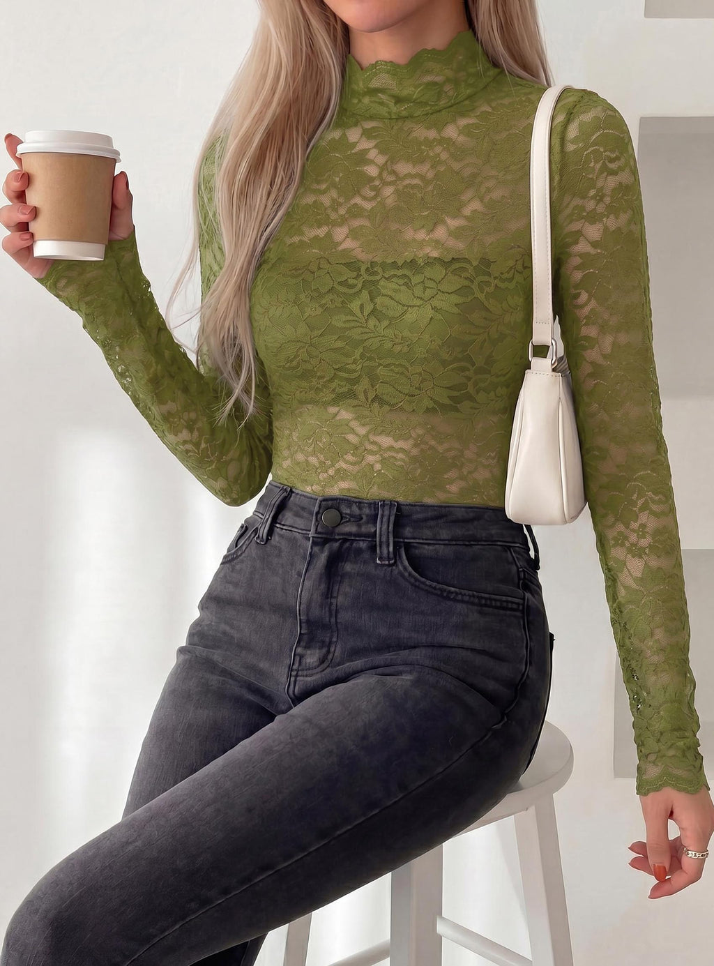 PRETTYGARDEN Womens Lace Long Sleeve Tops Sheer Mesh Blouse | Mock Neck Floral See Through, Slim Fitted, Soft Stretchy Elegant, Going Out Concert, Club Party Outfits, Fall Fashion Clothes