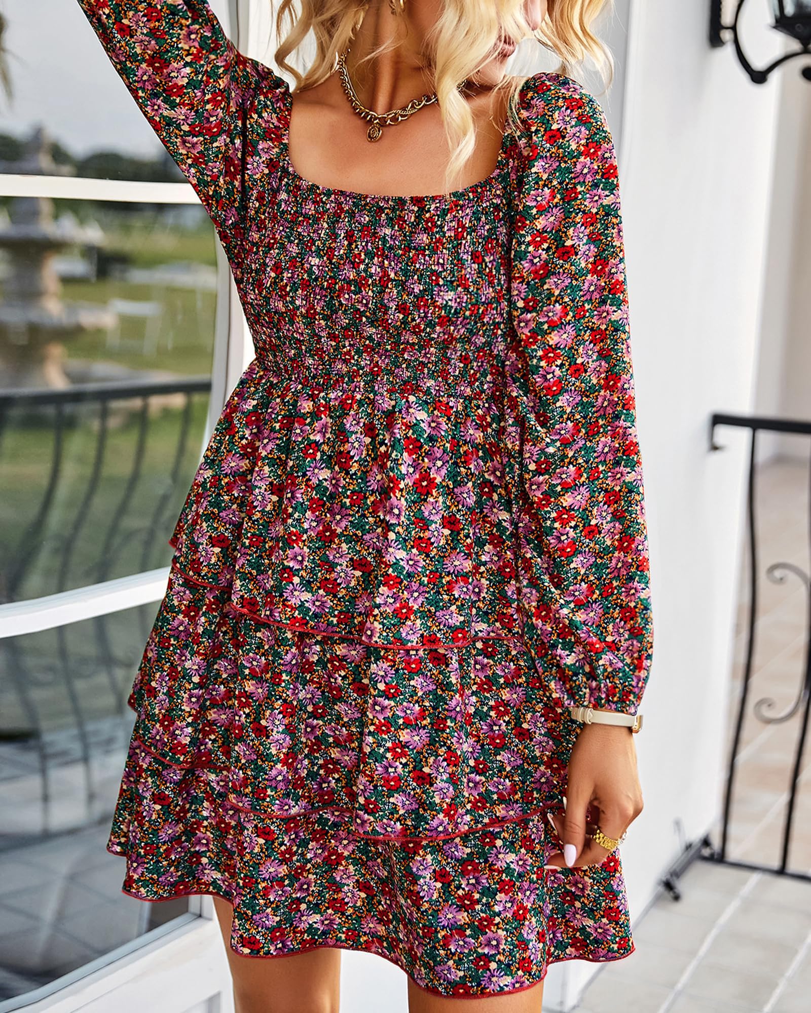 FreshPrettyWomen Square Neck Smocked Dresses Summer Spring Long Sleeve Floral Swiss Dot Mini Boho Wedding Guest Dress