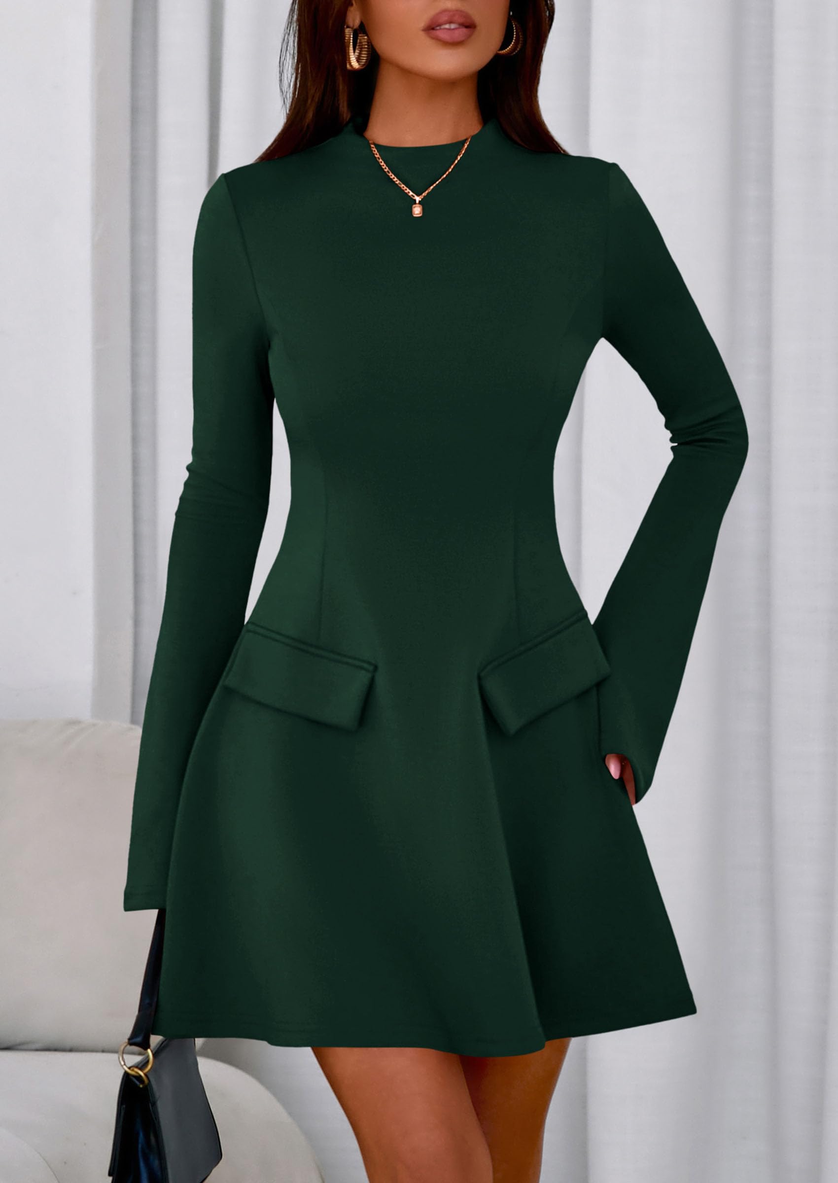 PRETTYGARDEN Women's Elegant Holiday Short Dress  Fall Bell Long Sleeve Mock Neck Work Business Casual Party Mini Dress