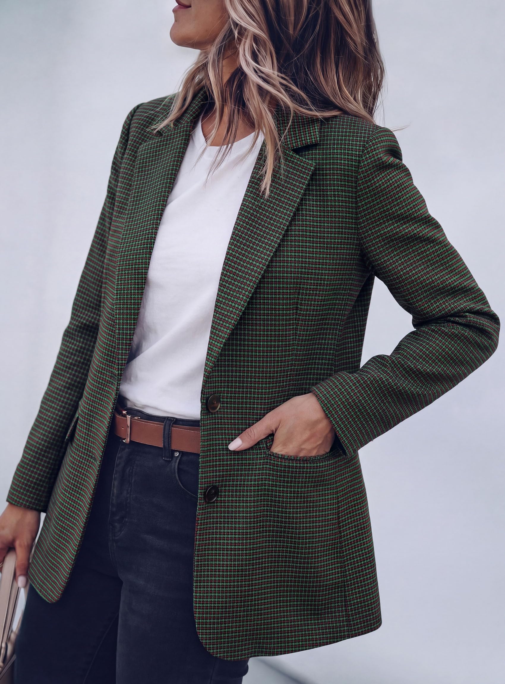 PRETTYGARDEN Fall Blazers for Women Business Casual | Long Sleeve Plaid Houndstooth, Notch Lapel Pockets, Oversized Blazer Outerwear, Trendy Suit Jackets, 2026 Winter Work Outfits