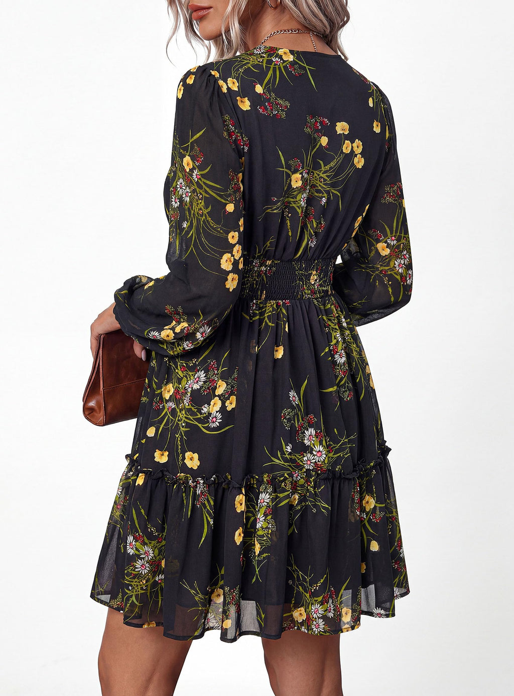 PRETTYGARDEN Women Floral Long Sleeve Mini Dress | Fall Wedding Guest Dresses, V Neck, Fit & Flare, Ruffle Hem A-Line, Short Chiffon Dress, Elegant Holiday Party, Date Outfits