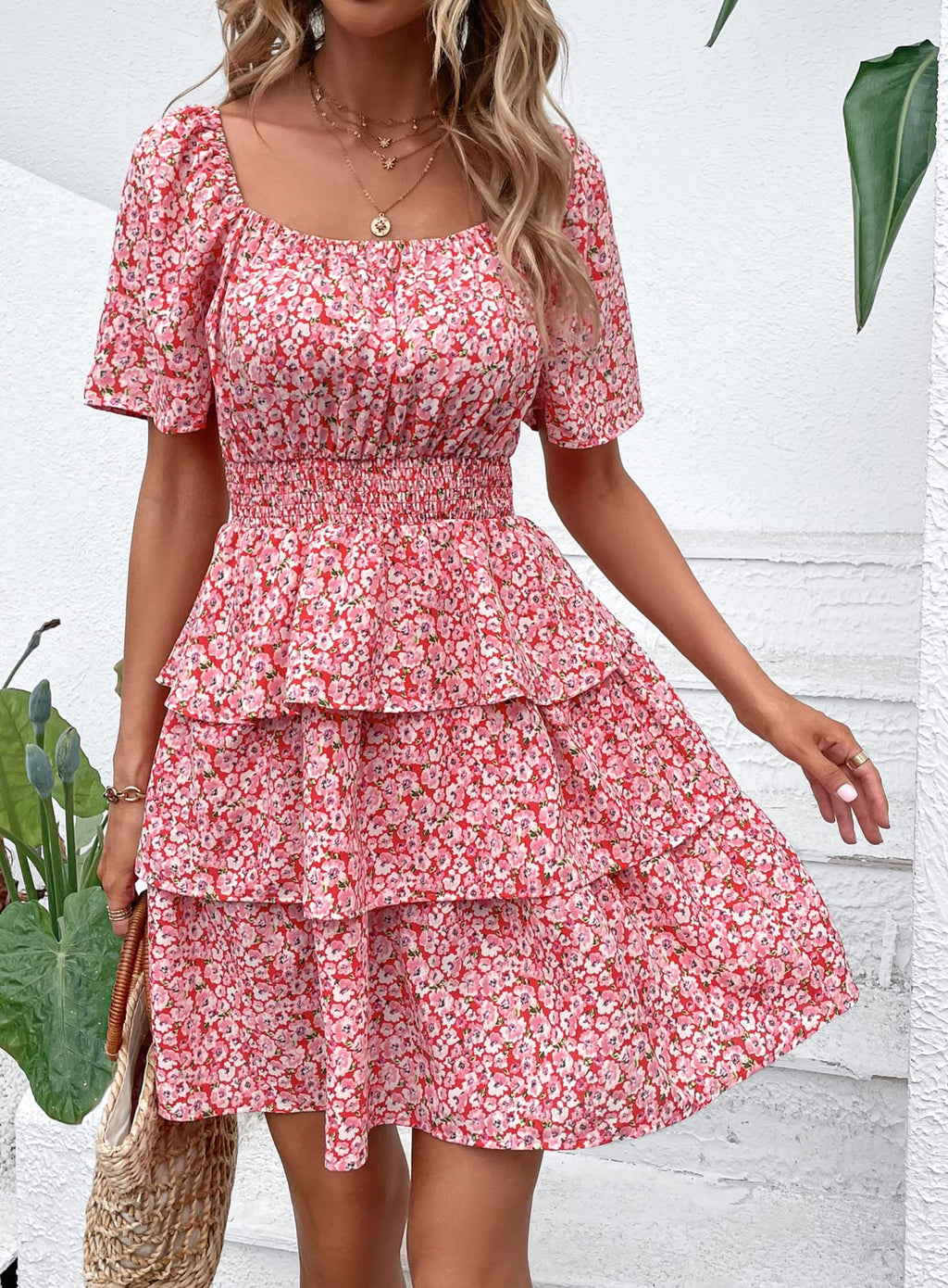 PRETTYGARDEN Women's  Floral Summer Short Dress Square Neck Short Sleeve Tiered Ruffle Boho Swing Dresses