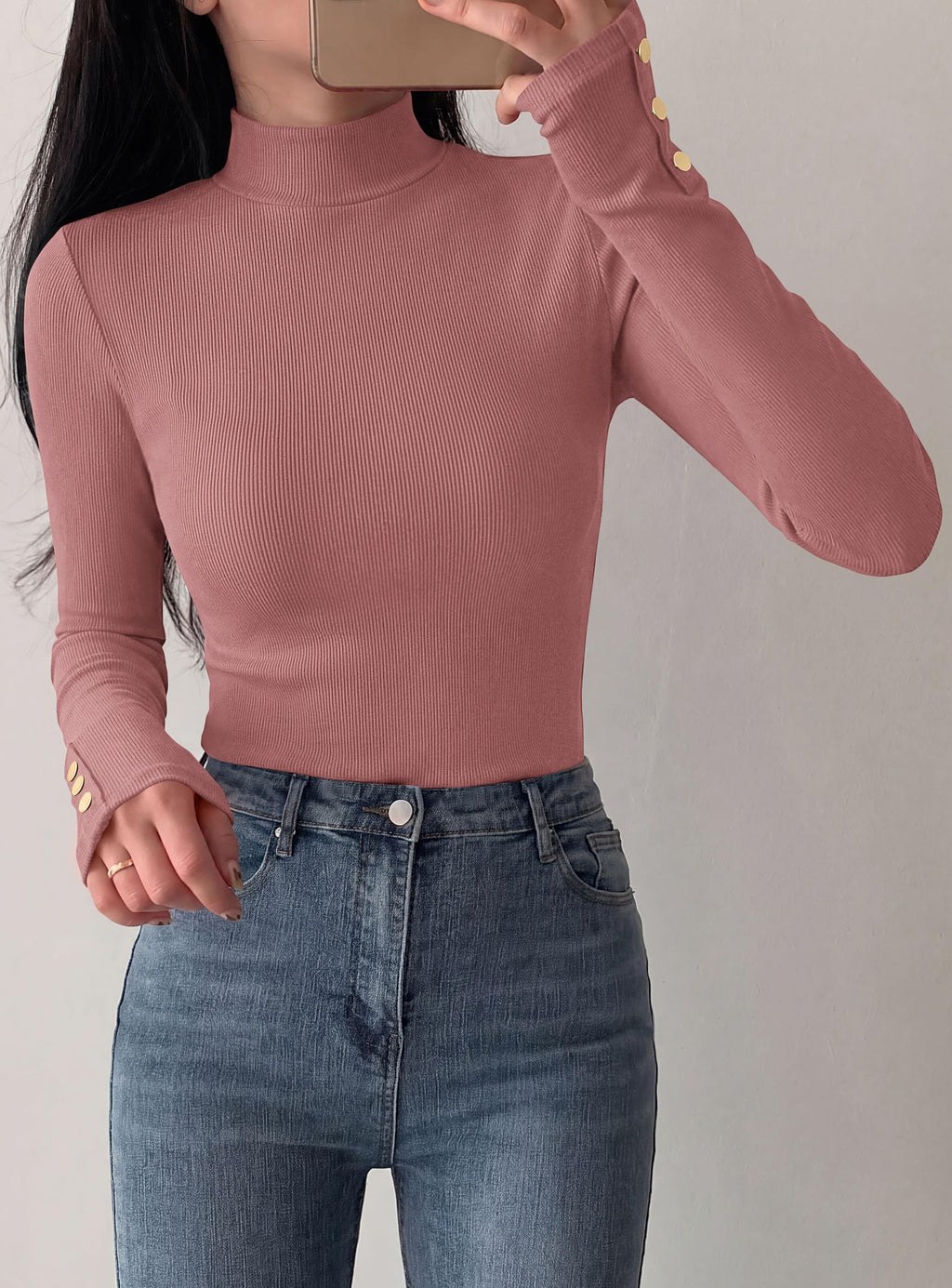 PRETTYGARDEN Women's Ribbed Mock Neck Long Sleeve Tops | Slim Fitted T-Shirts, Soft Stretch, Decorative Buttons, Going Out Work Casual Wear, Fall Outfits Layering Winter Clothes