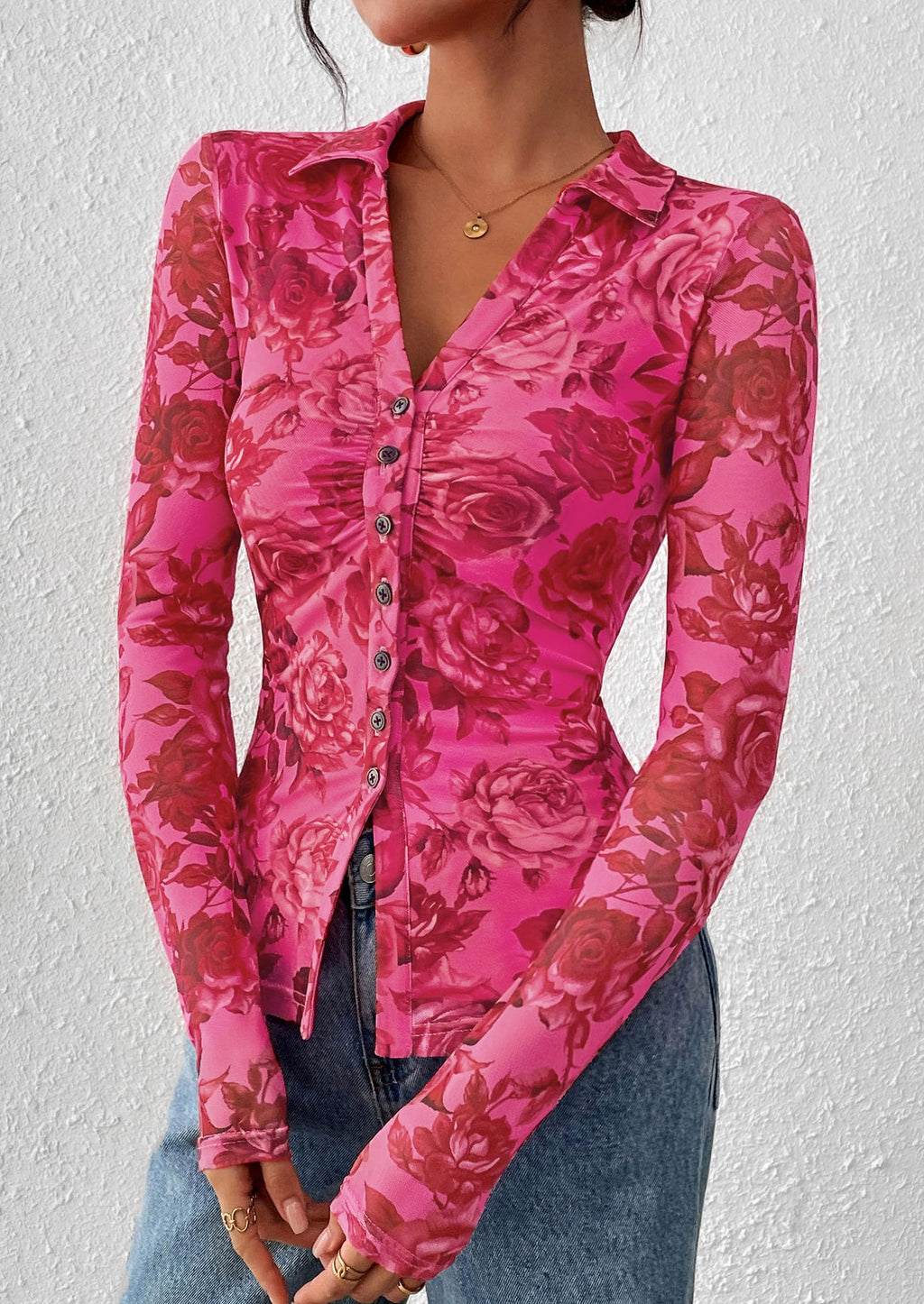 PRETTYGARDEN Women Button Down Floral Shirts Fall Trendy Long Sleeve V Neck Mesh Boho Blouse Spring Tops Date Outfits