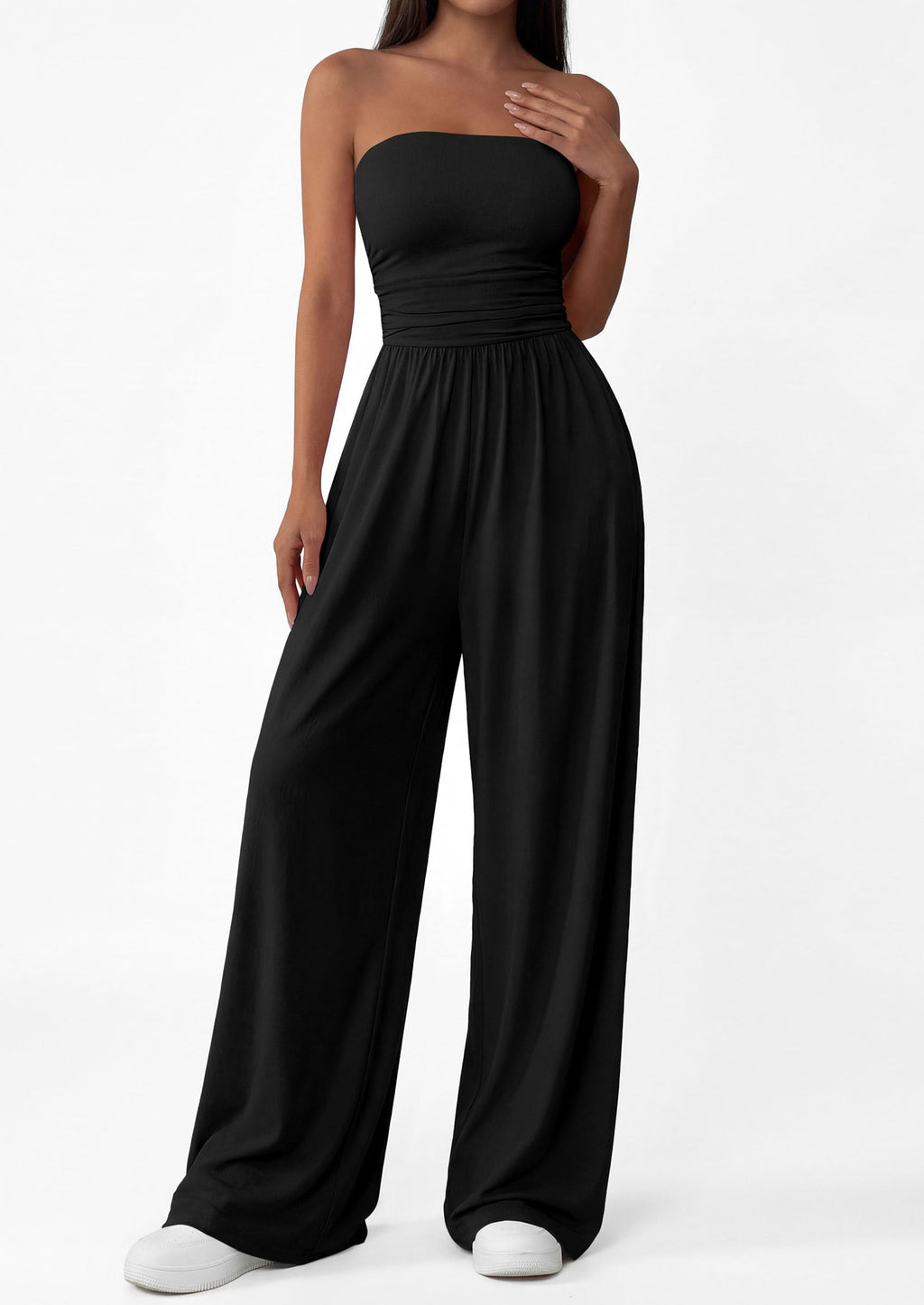 PRETTYGARDEN Womens Trendy Strapless Rompers Ruched Tube Top Wide Leg One Piece Jumpsuits Beach Vacation Summer Outfits