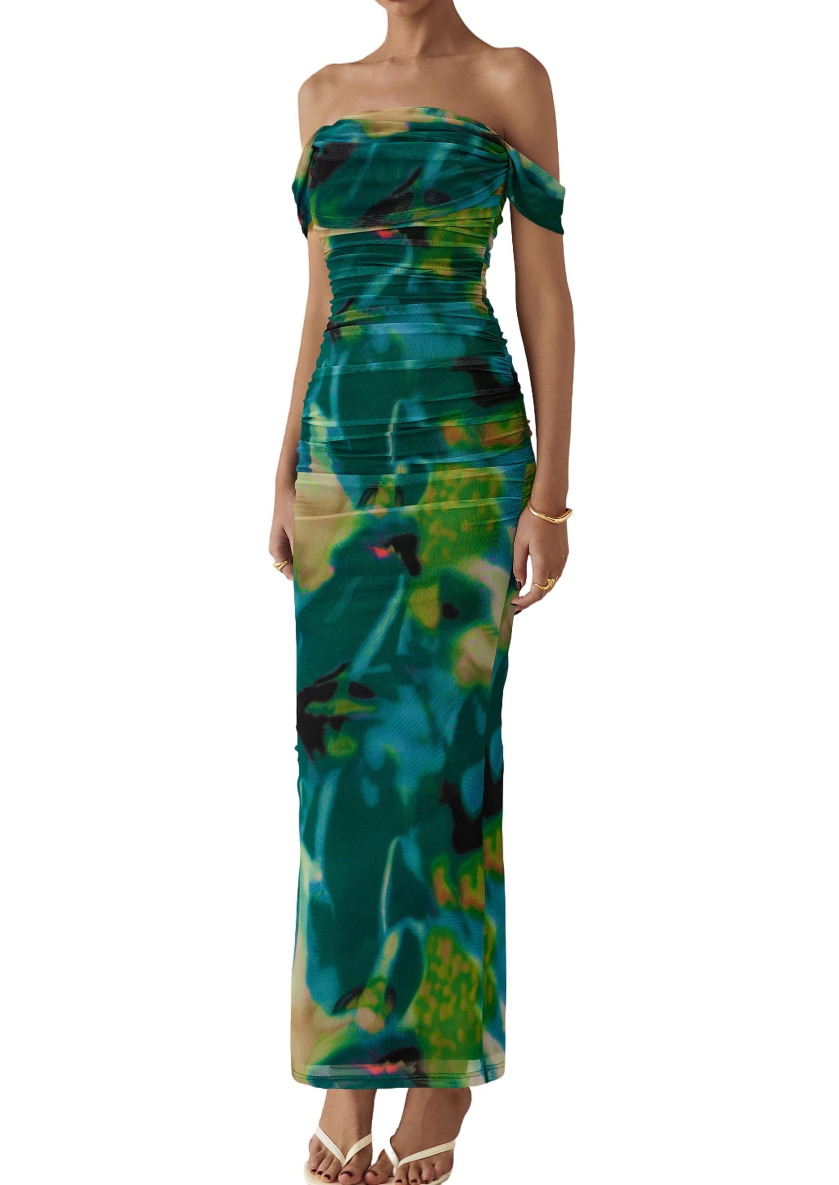 PRETTYGARDEN Cocktail Dresses for Women Summer Floral Off Shoulder Ruched Mesh Elegant Wedding Guest Maxi Dress
